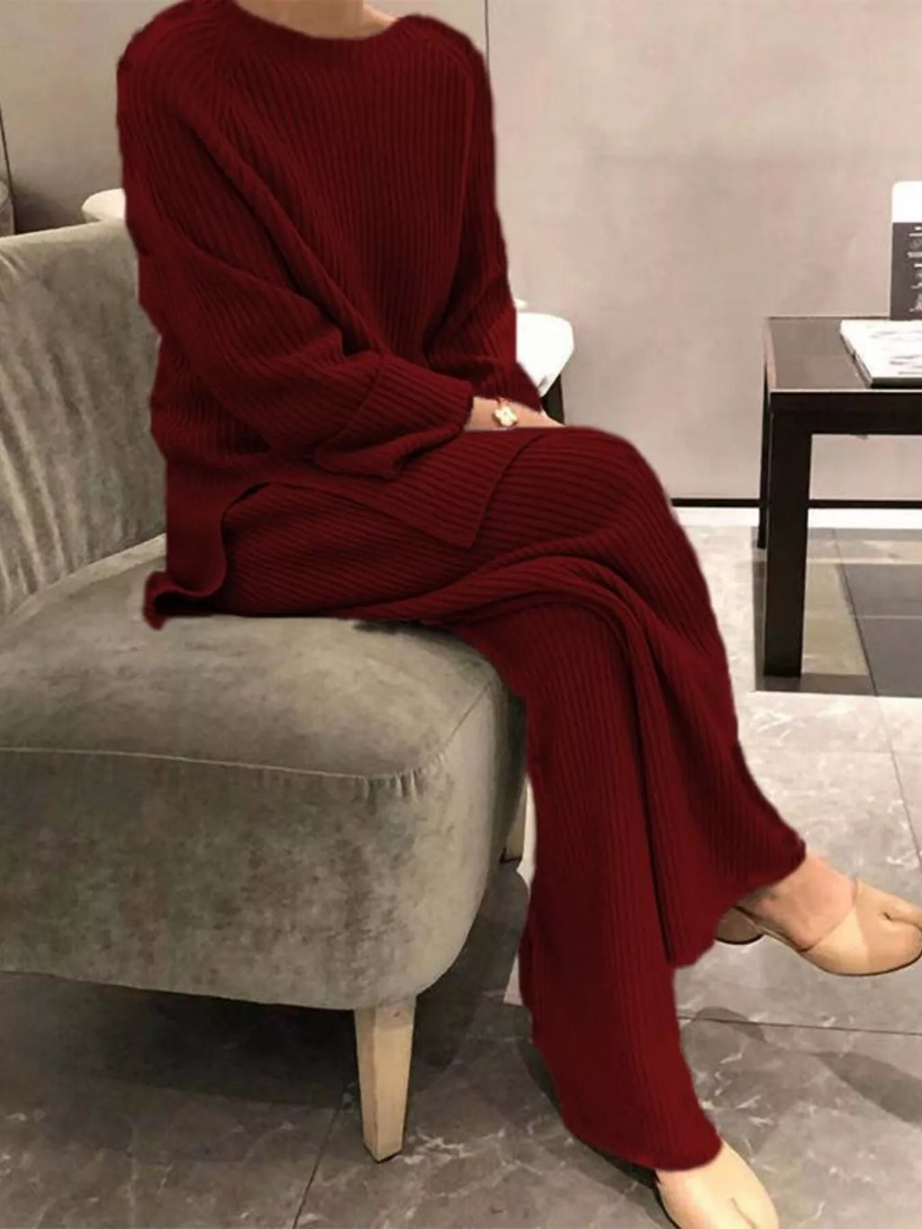 Full Size Ribbed Knit Relaxed Fit Top and Pants Sweater Set Plus Size