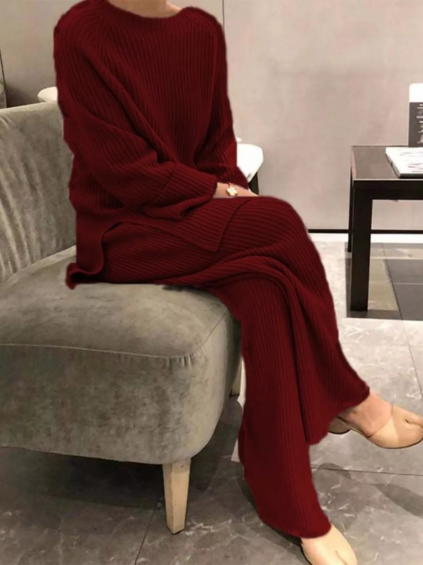 Full Size Ribbed Knit Relaxed Fit Top and Pants Sweater Set Plus Size