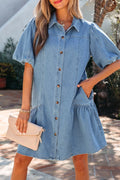 Button Down Short Puff Sleeve Ruffle Hem Denim Dress