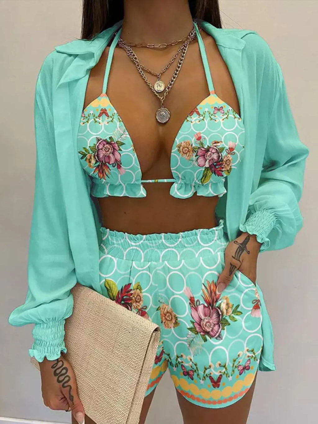 Full Size Halter Neck Cami & Shirt & Shorts 3-Piece Outfit Set Plus Size