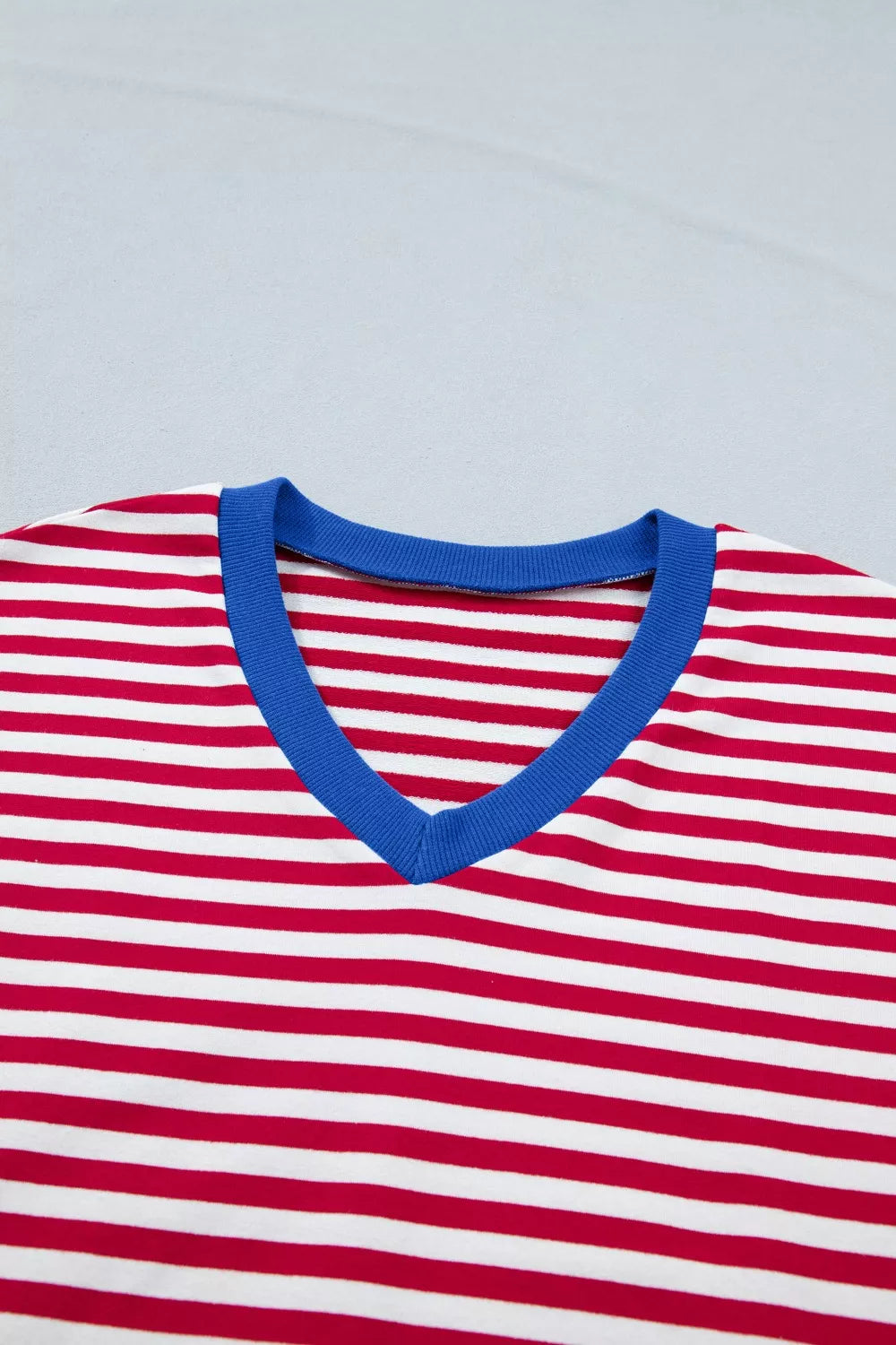 Stripe Colorblock Trim V Neck Tee Drawstring Elastic Waist Shorts Set