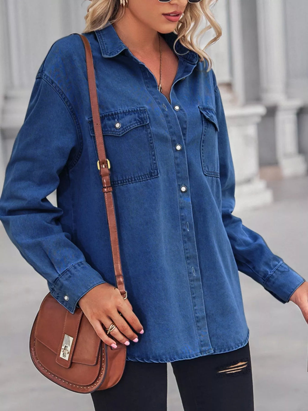 Button Down Washed Denim Shirt with Chest Pockets