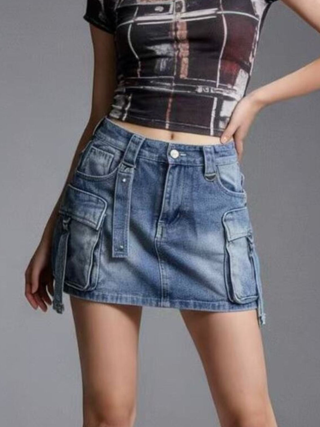 Washed Cargo Denim Skirt