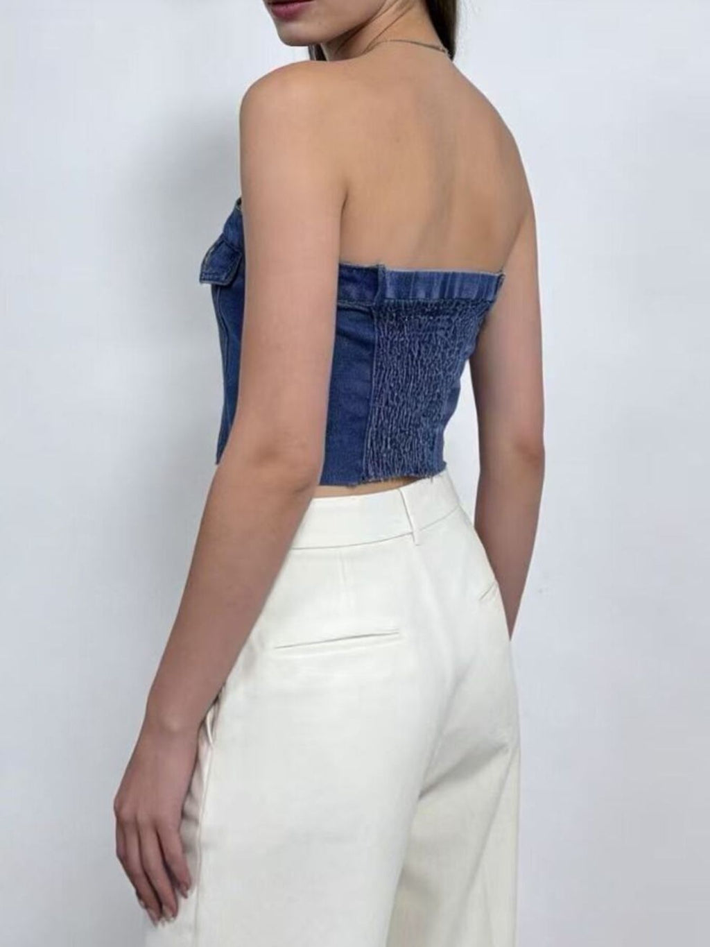 Button Front Denim Tube Top