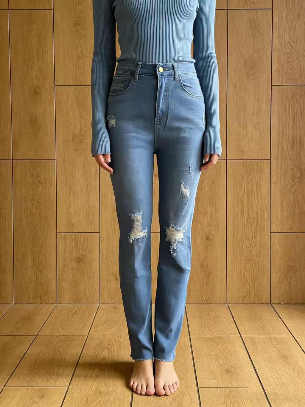 High-Waisted Distressed Jeans
