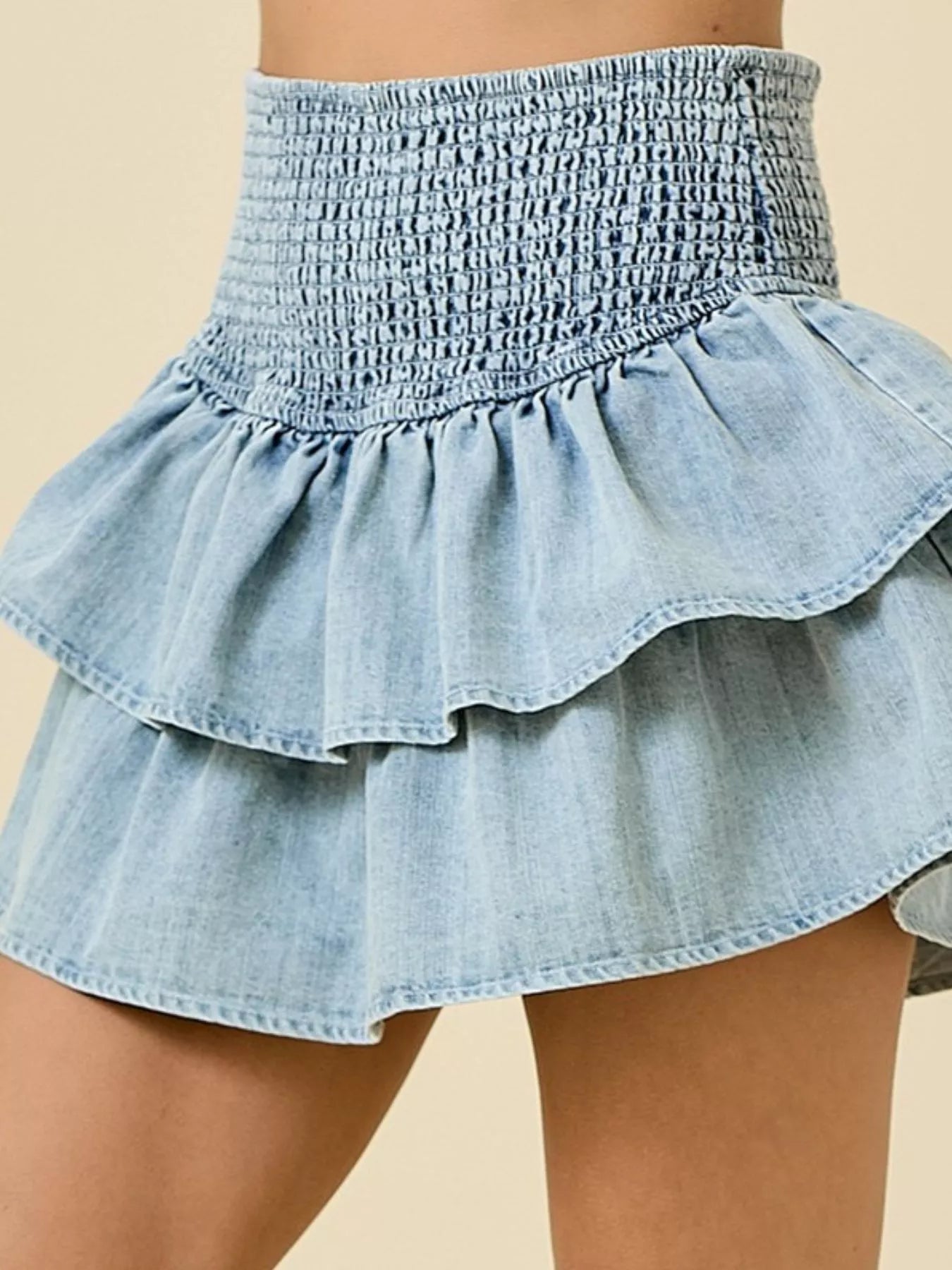 Layered Ruffle Smocked Waist Denim Skirt