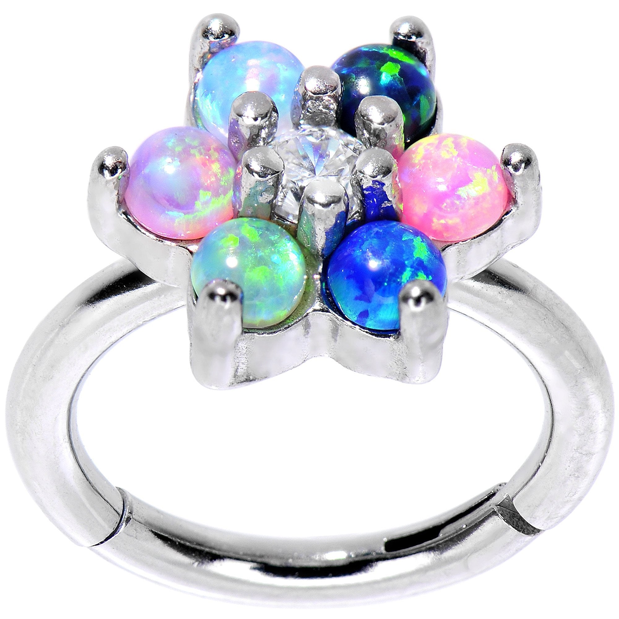 BodyCandy 16G 5/16 Clear CZ Gem Pink Blue Faux Opal Hinged Segment Ring — main product shot