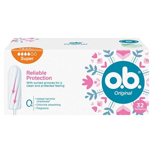 O.B. Super Absorbency Tampons for Heavy Flow Days - 32 Count, Gynecologically Tested, Chemical-Free Menstrual Hygiene Products