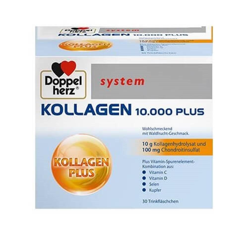 Doppelherz Kollagen 10.000 Plus: High-Dose Hydrolyzed Collagen Drink for Joint Health & Skin Elasticity - Raspberry, Elderberry & Grape Flavor (30 Flacons)