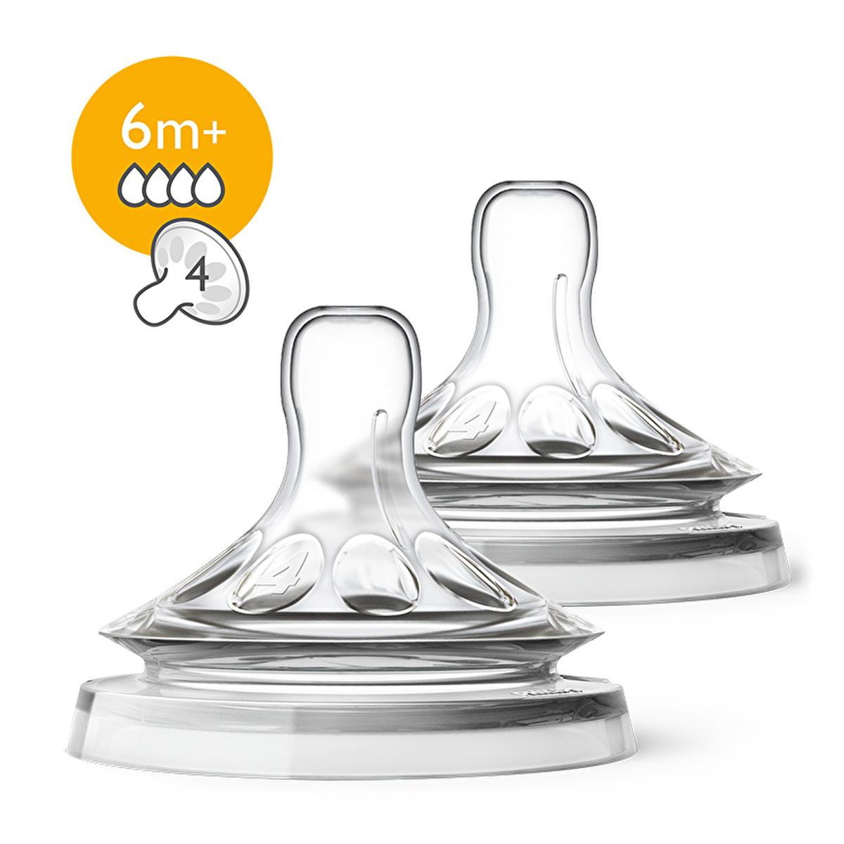 Philips Avent Natural Fast Flow Baby Bottle Nipple 6+ Months - 4 Hole Design, Easy Feeding, 2-Pack Replacement Nipple