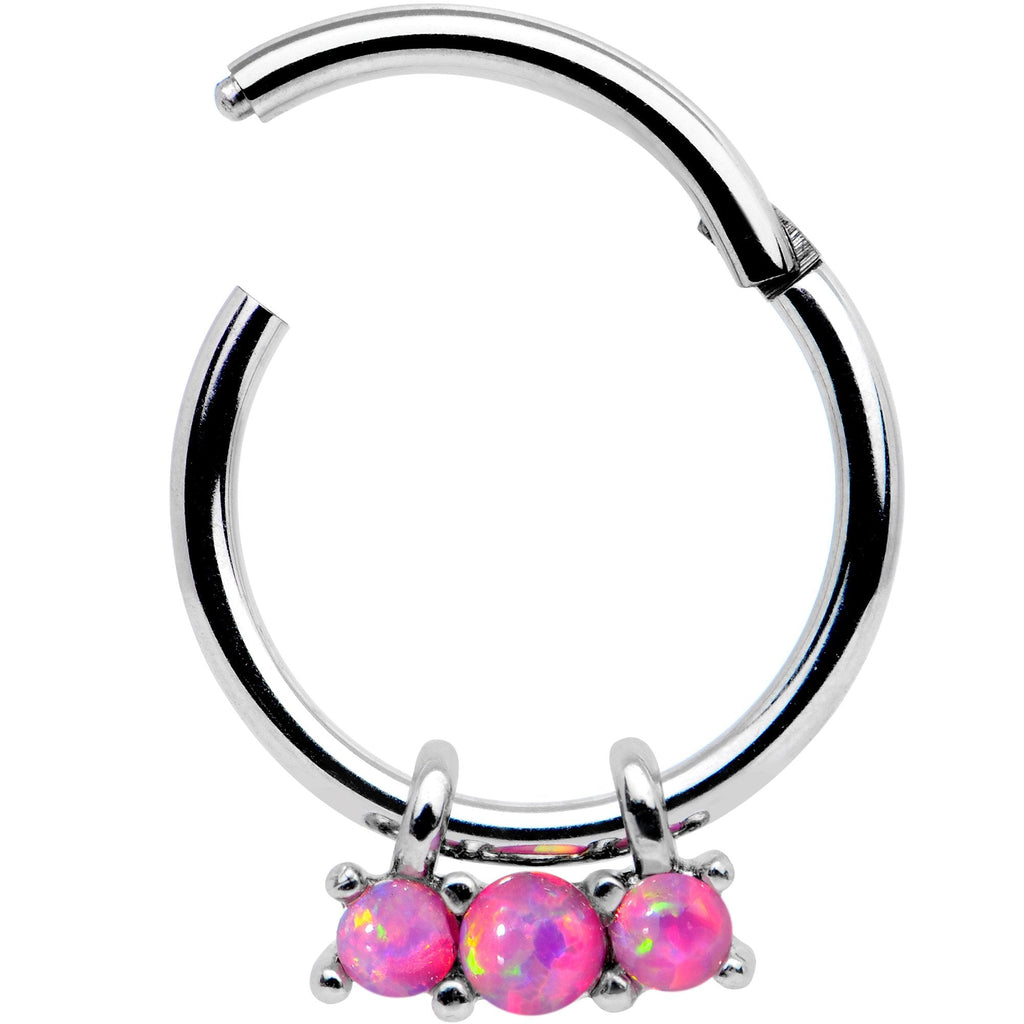 BodyCandy 16G 3/8 Pink Synthetic Opal Trio Hinged Segment Ring — detail and construction
