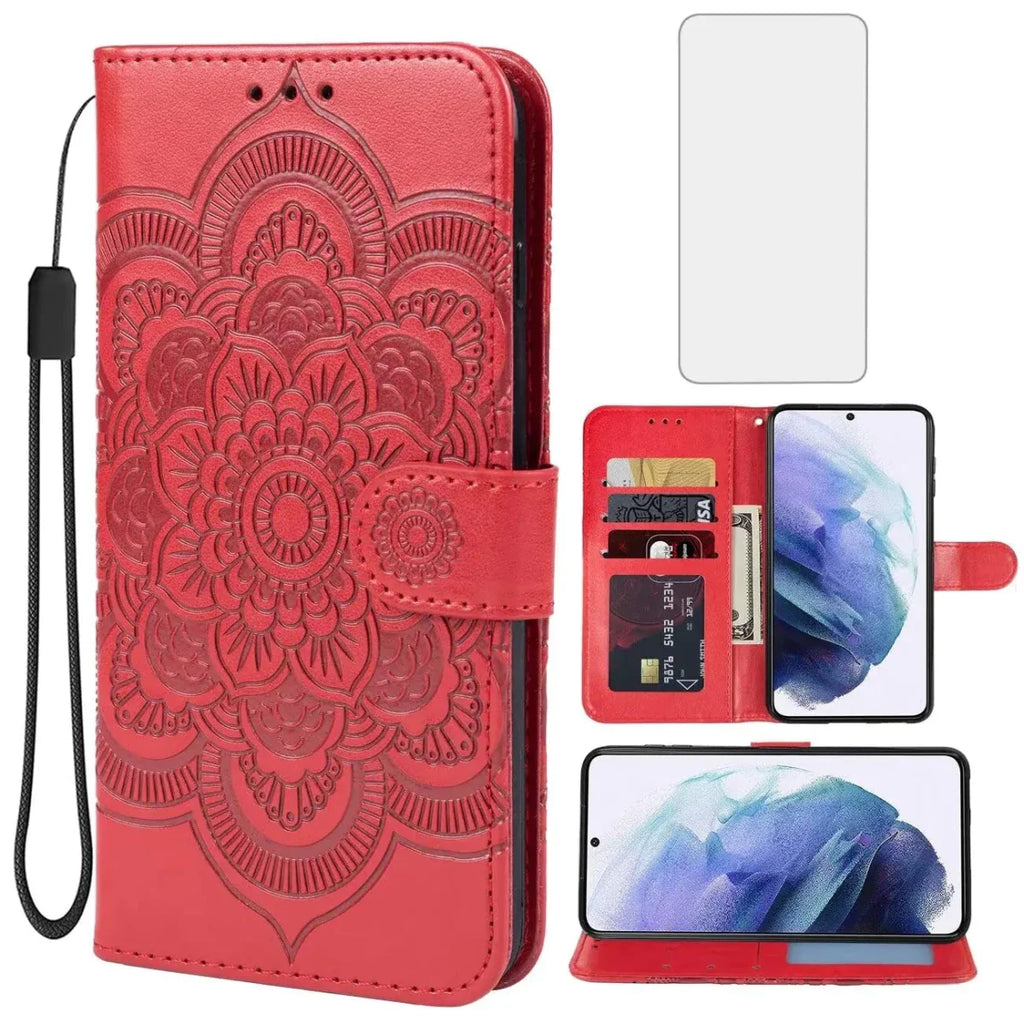 Mandala Red Wallet Case for Galaxy S21 with Screen Protector