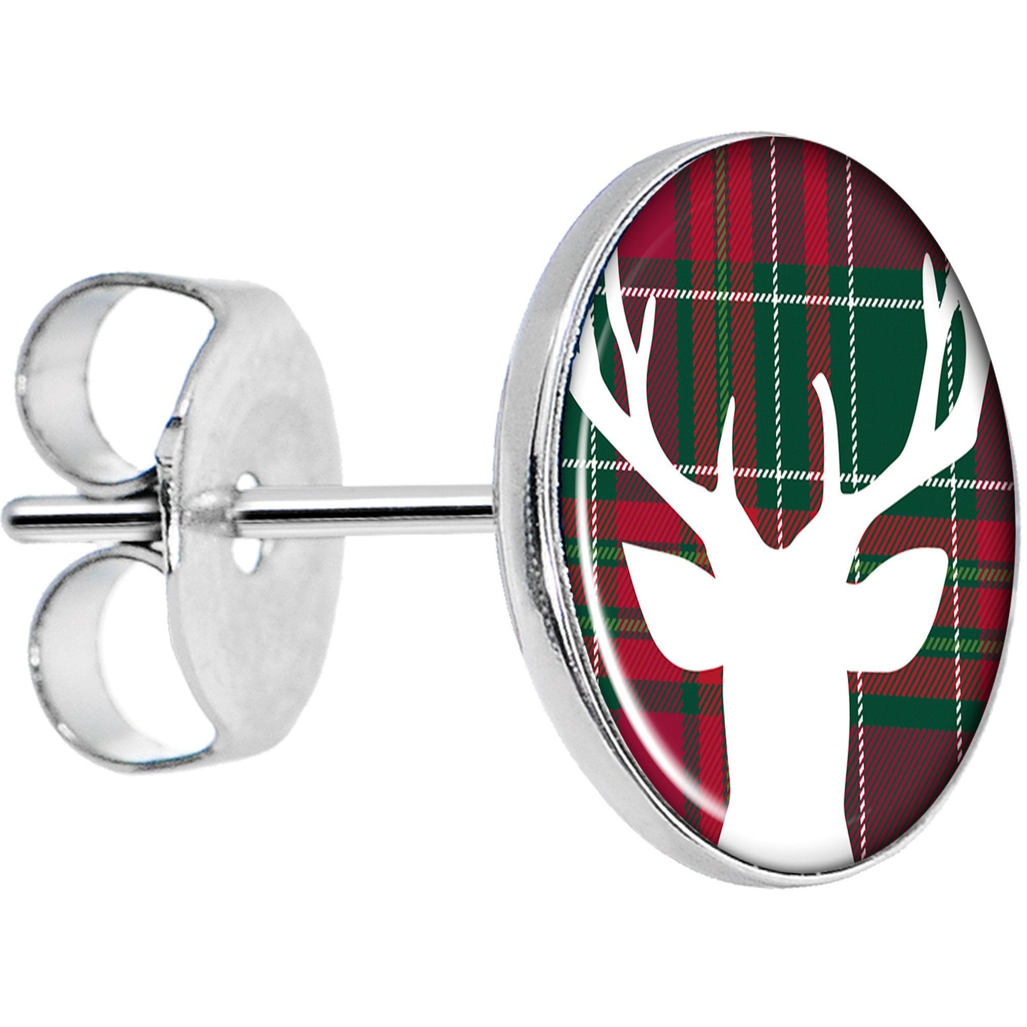 BodyCandy Red Green Plaid Reindeer Stud Earrings — detail and construction