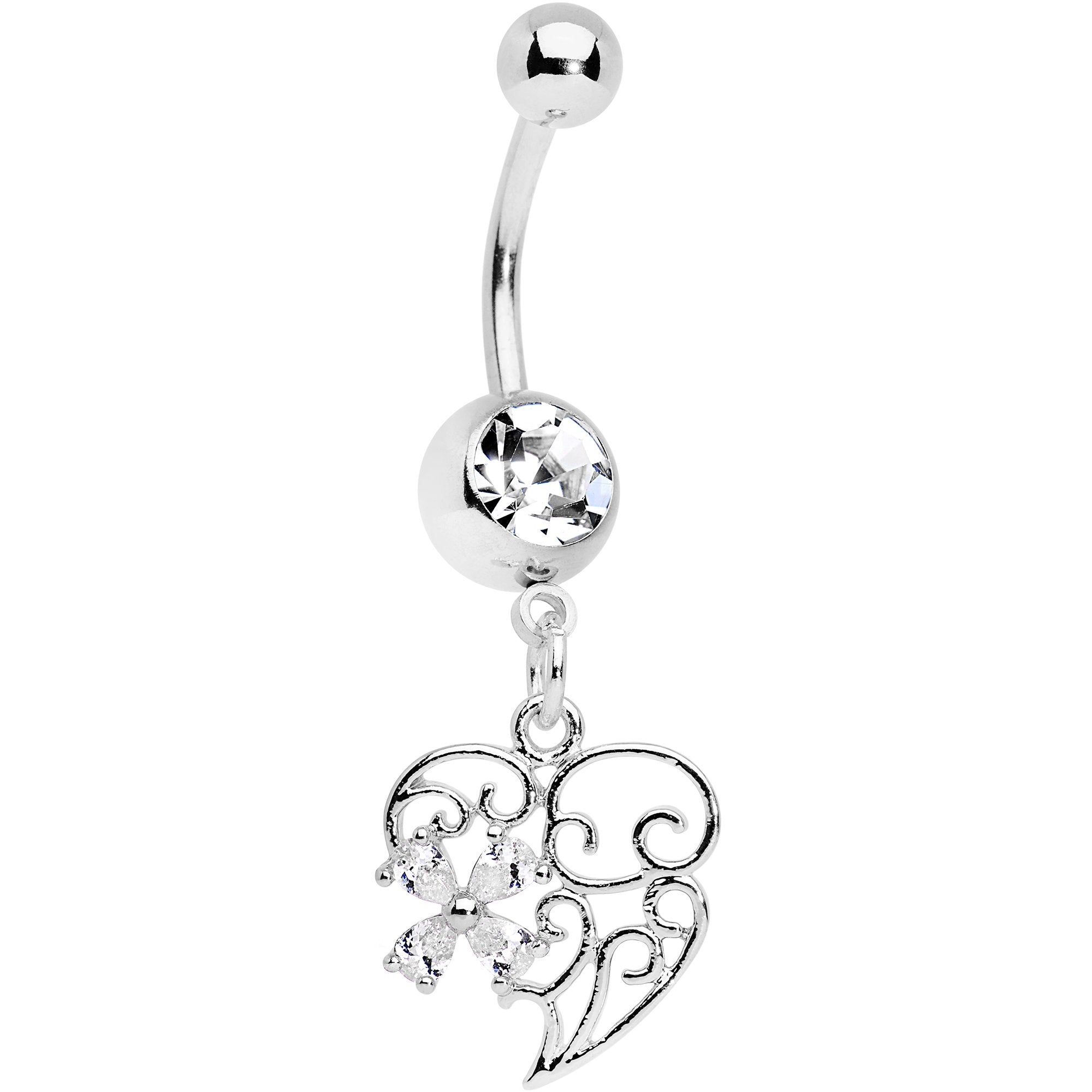 BodyCandy Clear Gem Filigree Heart Flower Dangle Belly Ring — main product shot