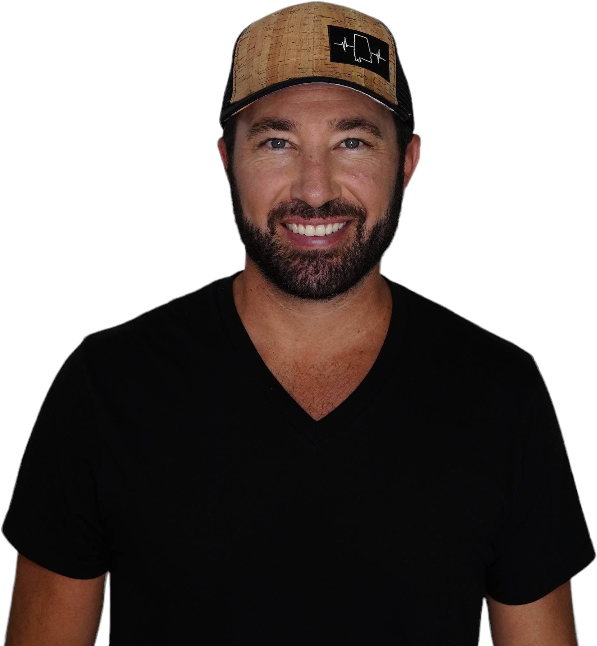 The Heartbeat Brand Alabama Hat - Baseball Hat Fit - Cork - Black - Trucker Mesh — detail close-up