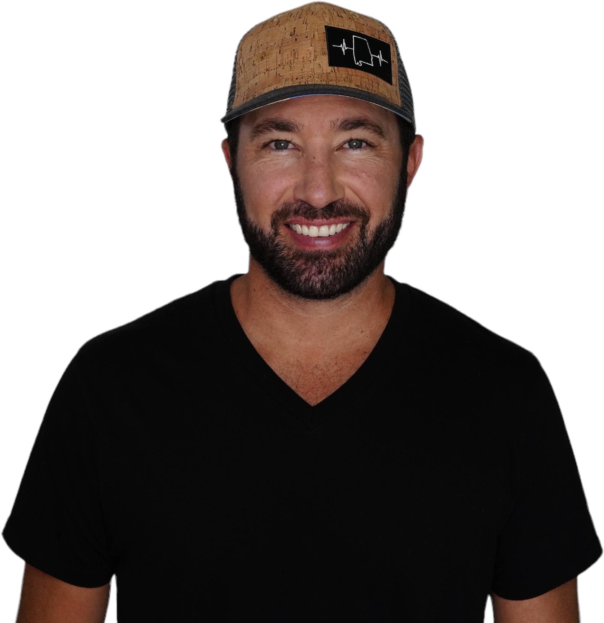 The Heartbeat Brand Alabama Hat - Baseball Hat Fit - Cork - Charcoal - Trucker Mesh — detail close-up