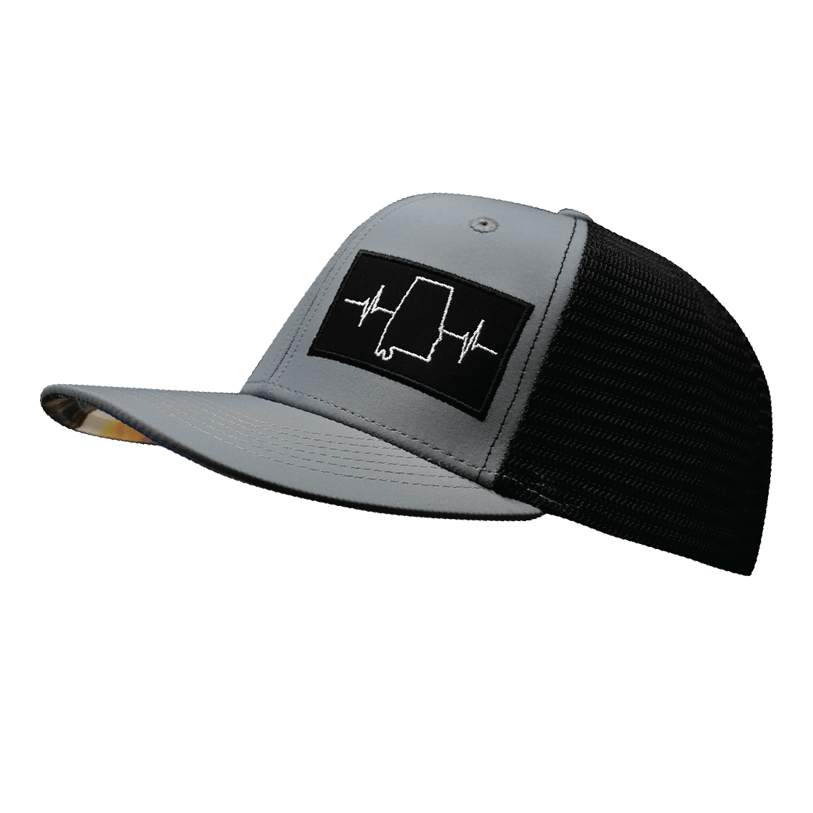 The Heartbeat Brand Alabama Hat - Baseball Hat Fit - Gray / Black - Trucker Mesh — side view
