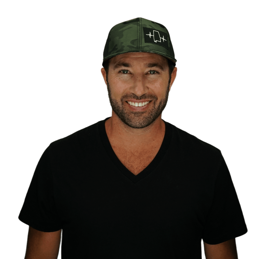 The Heartbeat Brand Alabama Hat - Baseball Hat Fit - Green Camo / Black - Laser Mesh — detail close-up