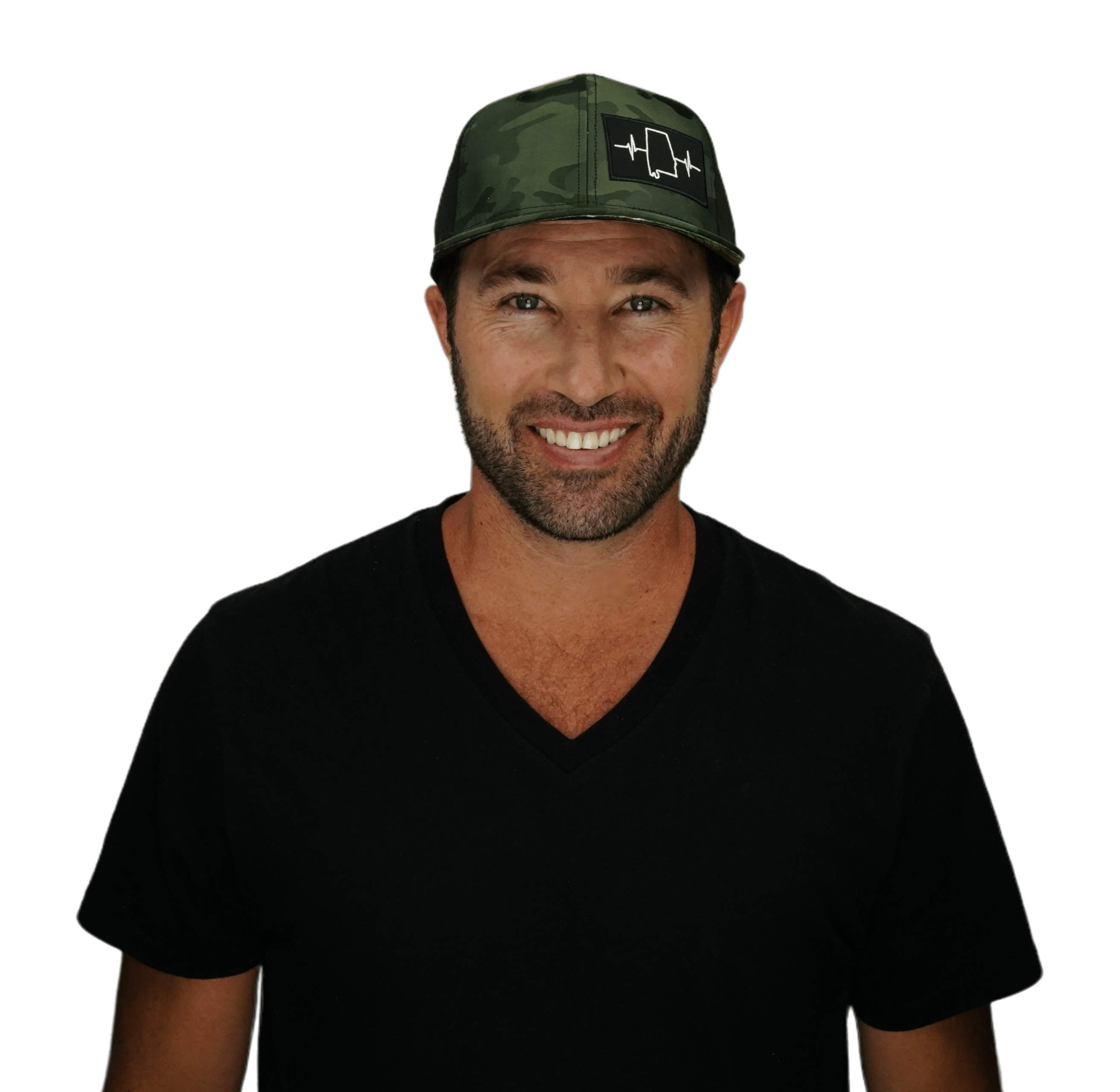 The Heartbeat Brand Alabama Hat - Baseball Hat Fit - Green Camo / Black - Laser Mesh — detail close-up