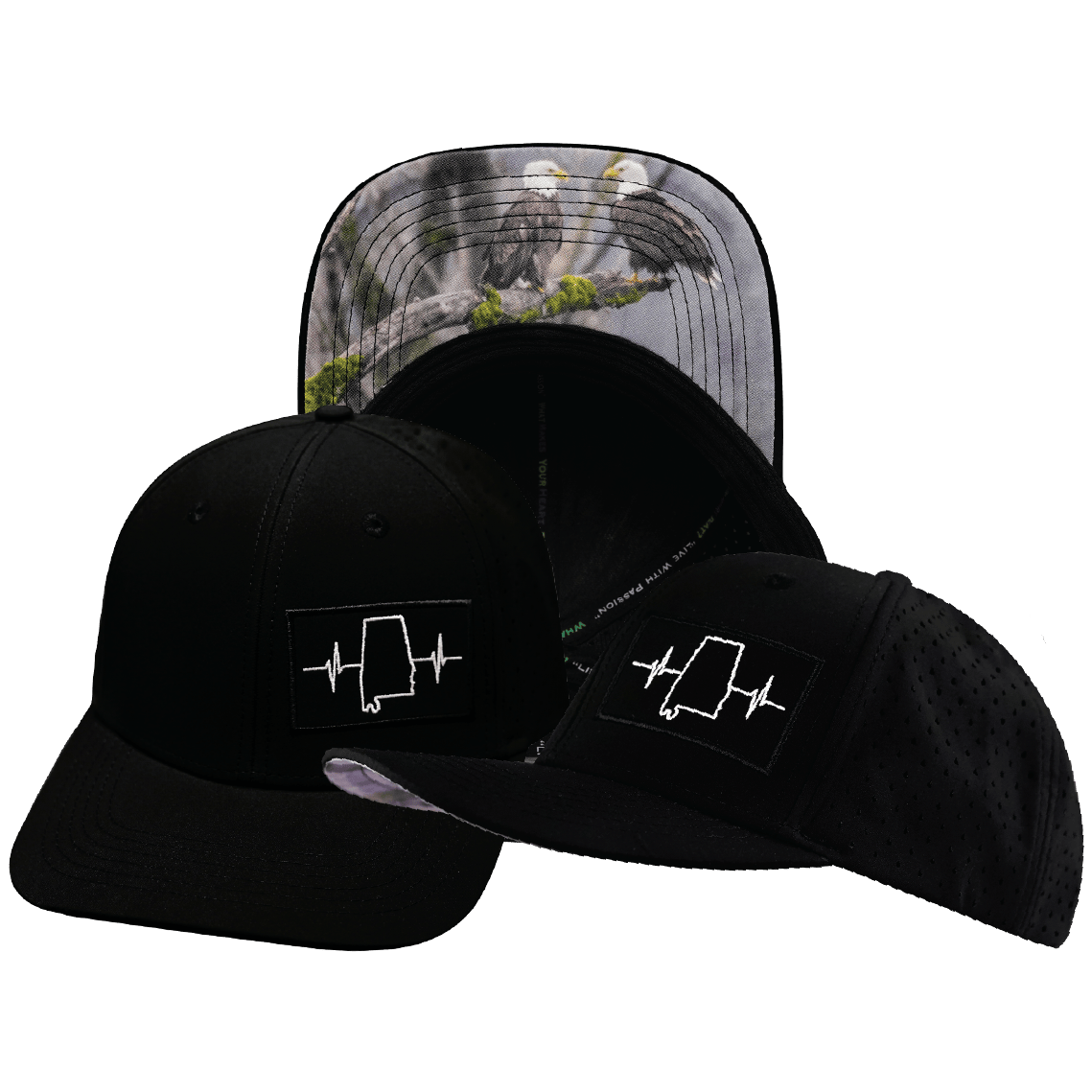 The Heartbeat Brand Alabama Hat - Baseball Hat Fit - Black - Laser Mesh — main product shot