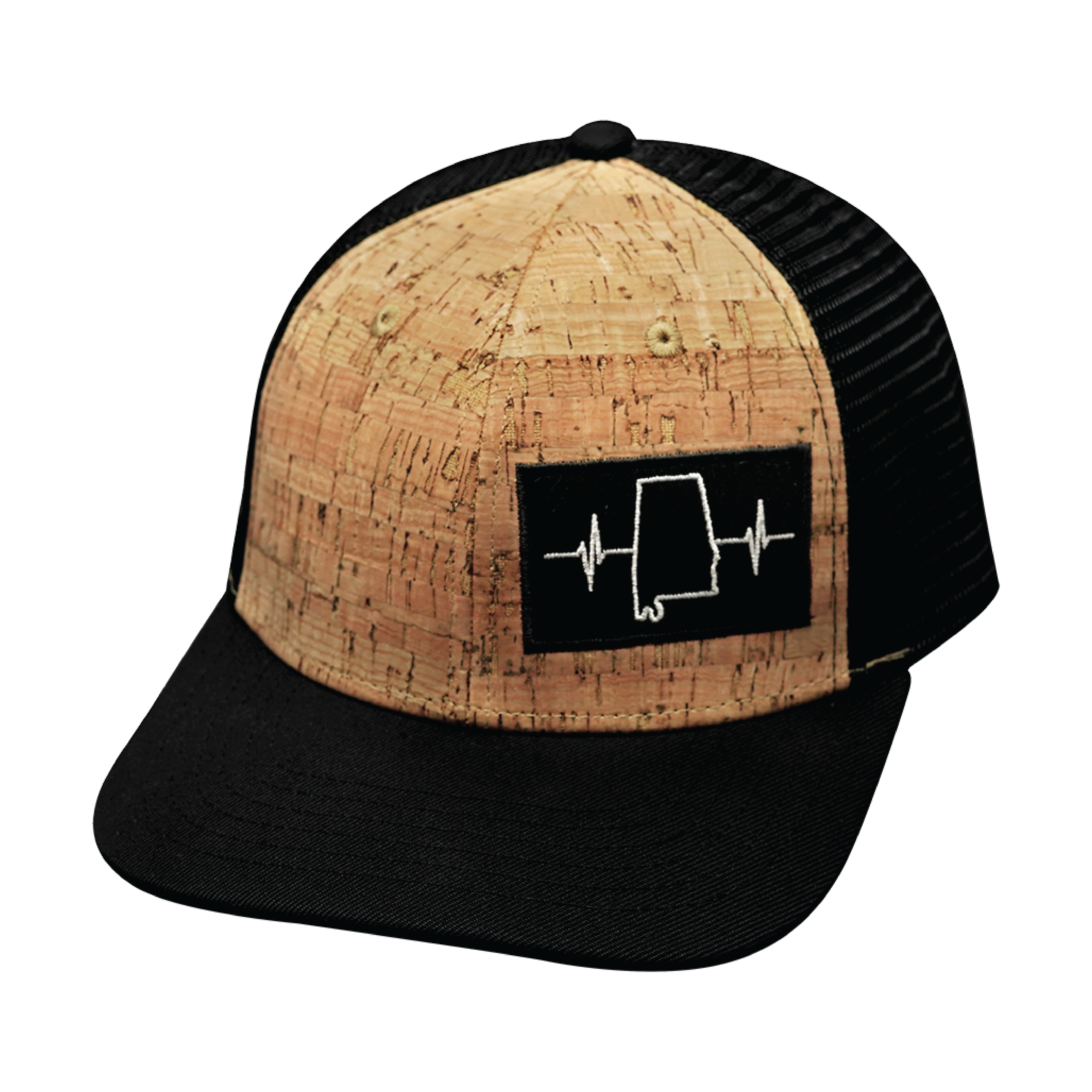 The Heartbeat Brand Alabama Hat - Baseball Hat Fit - Cork - Black - Trucker Mesh — back view
