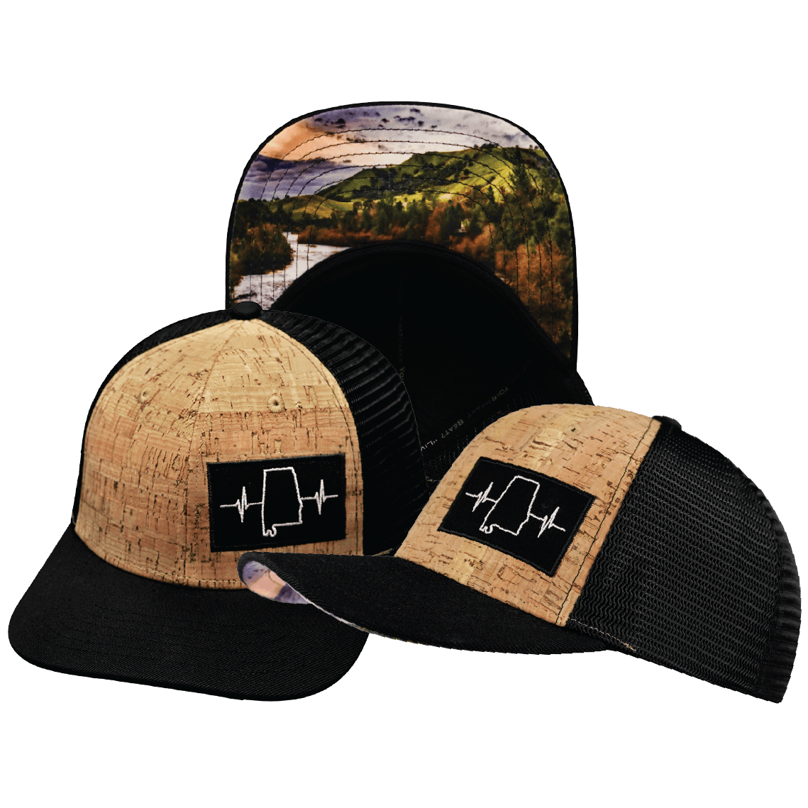 The Heartbeat Brand Alabama Hat - Baseball Hat Fit - Cork - Black - Trucker Mesh — main product shot
