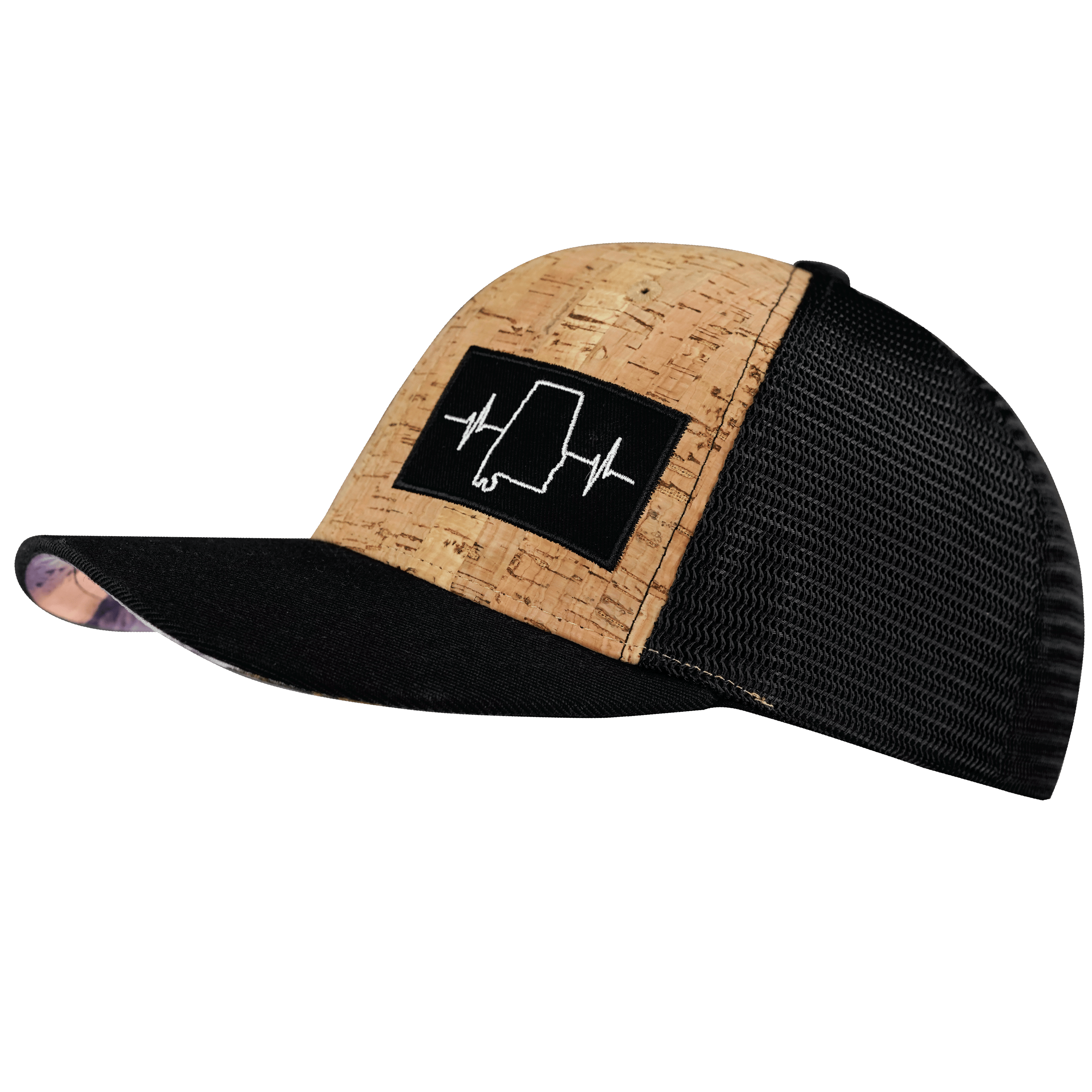 The Heartbeat Brand Alabama Hat - Baseball Hat Fit - Cork - Black - Trucker Mesh — side view
