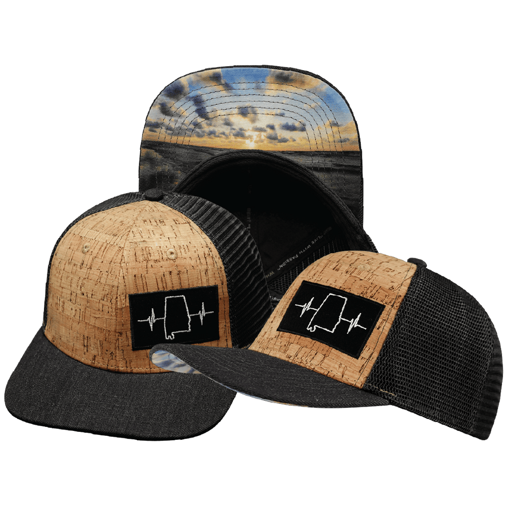 The Heartbeat Brand Alabama Hat - Baseball Hat Fit - Cork - Charcoal - Trucker Mesh — main product shot