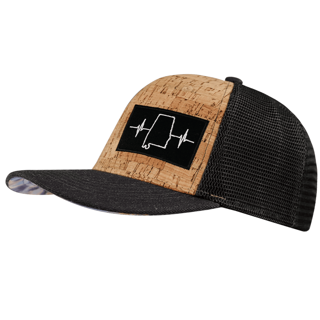 The Heartbeat Brand Alabama Hat - Baseball Hat Fit - Cork - Charcoal - Trucker Mesh — side view
