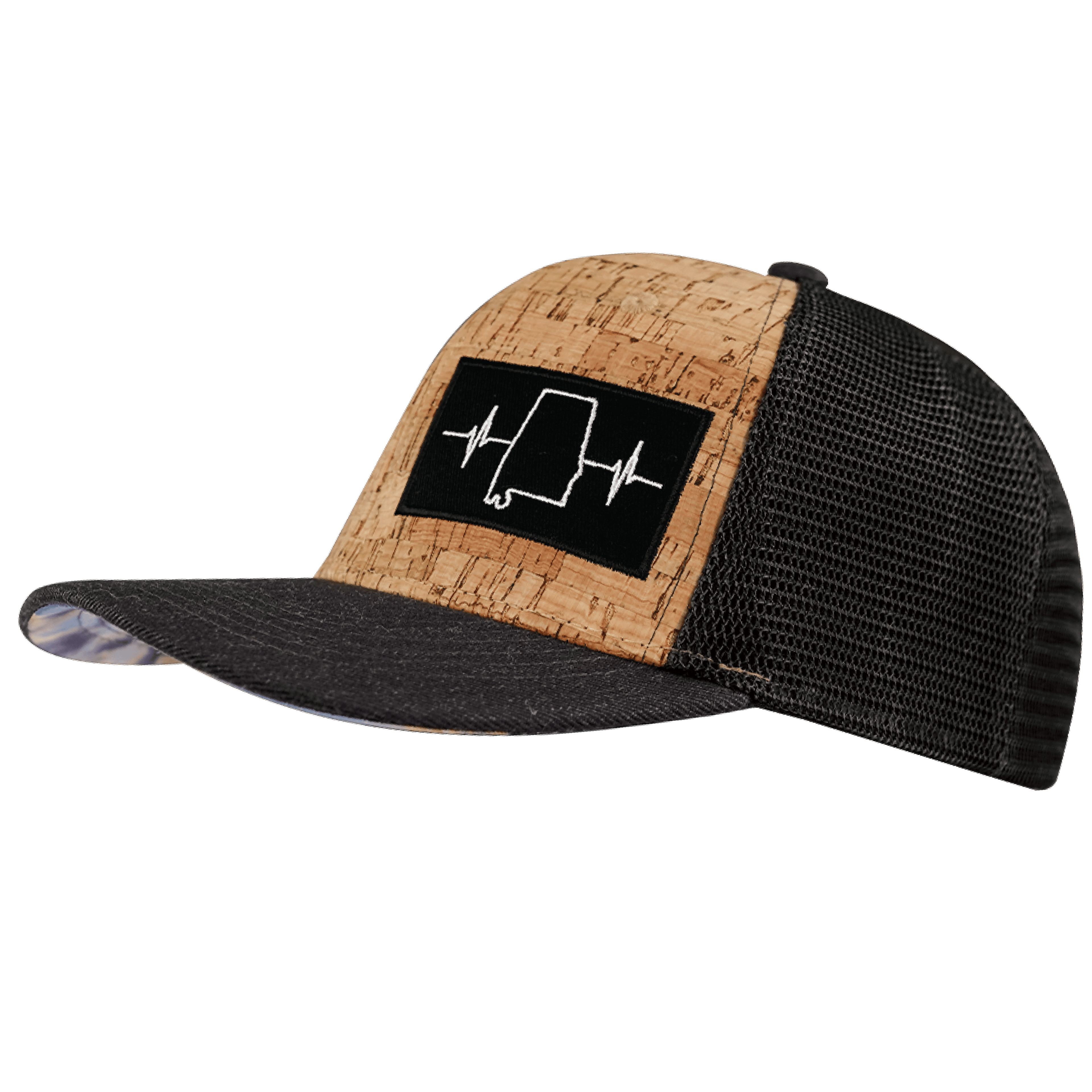 The Heartbeat Brand Alabama Hat - Baseball Hat Fit - Cork - Charcoal - Trucker Mesh — side view