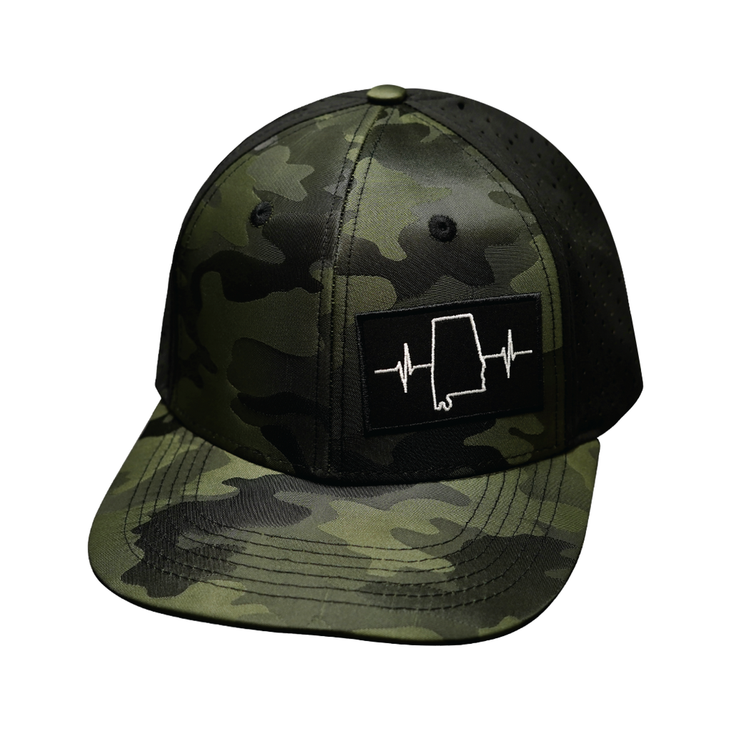 The Heartbeat Brand Alabama Hat - Baseball Hat Fit - Green Camo / Black - Laser Mesh — back view