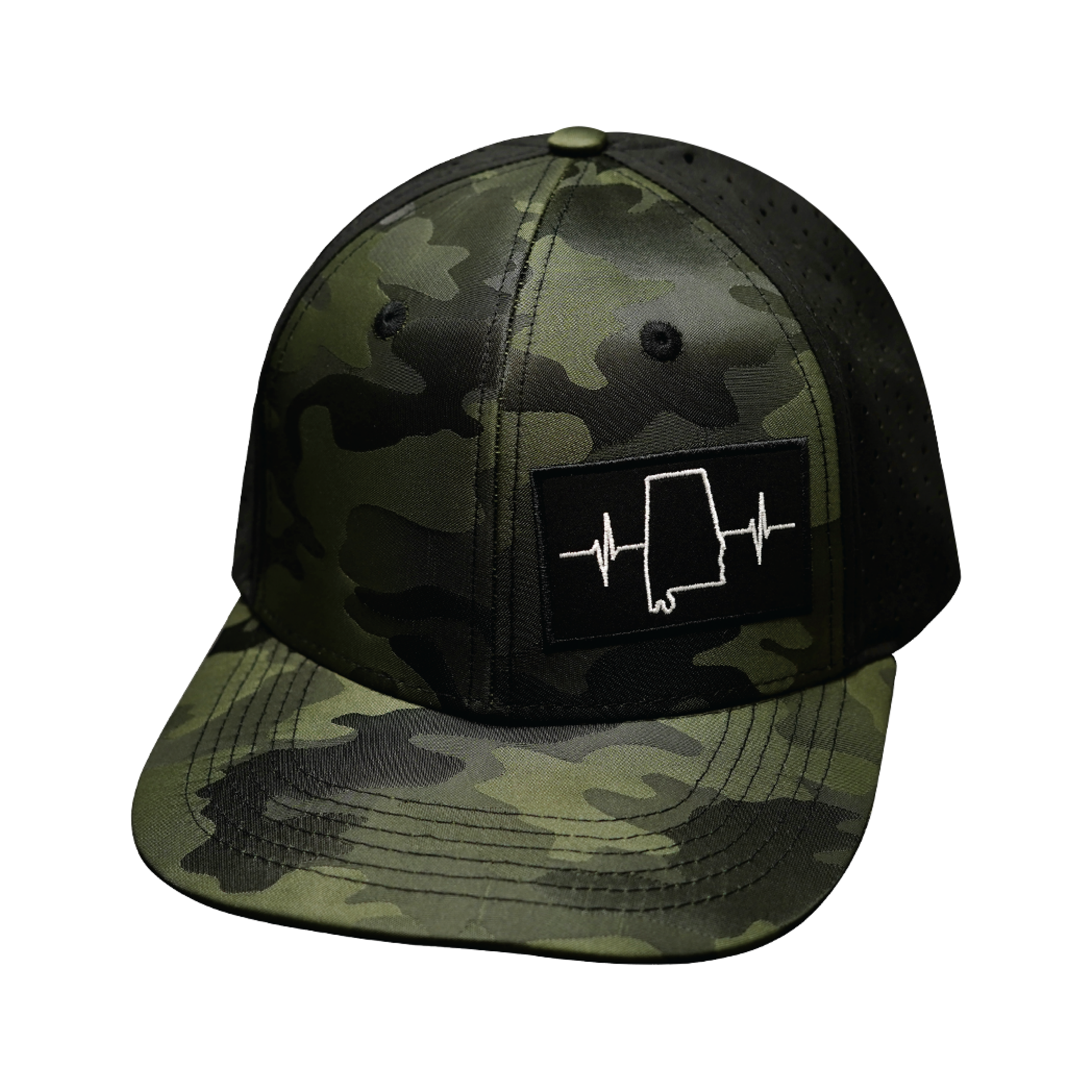 The Heartbeat Brand Alabama Hat - Baseball Hat Fit - Green Camo / Black - Laser Mesh — back view