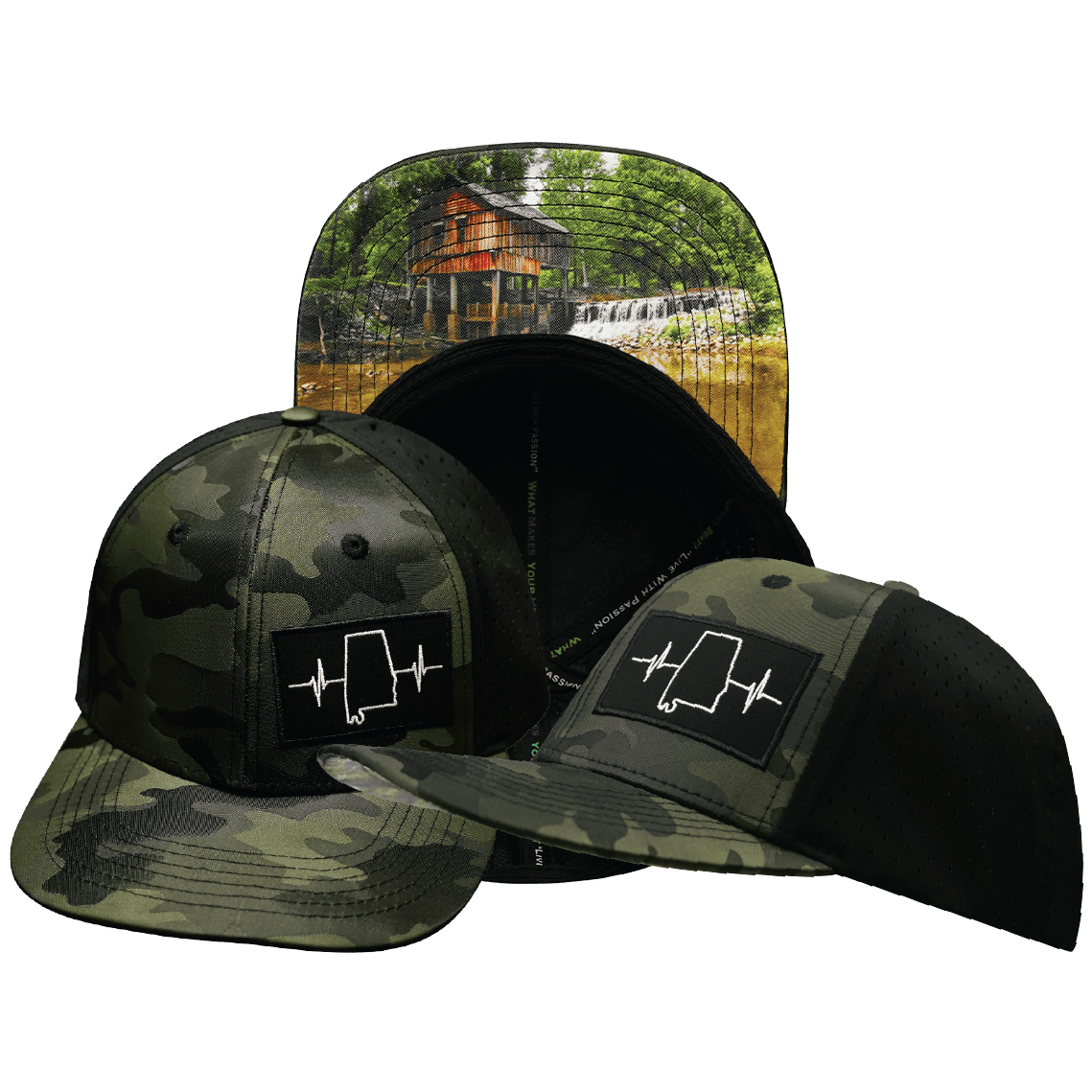 The Heartbeat Brand Alabama Hat - Baseball Hat Fit - Green Camo / Black - Laser Mesh — main product shot