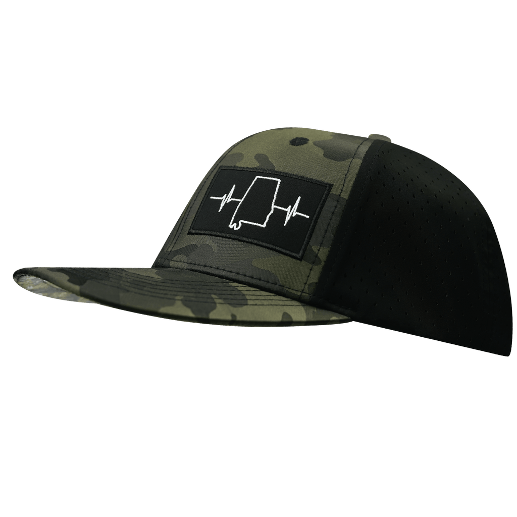 The Heartbeat Brand Alabama Hat - Baseball Hat Fit - Green Camo / Black - Laser Mesh — side view