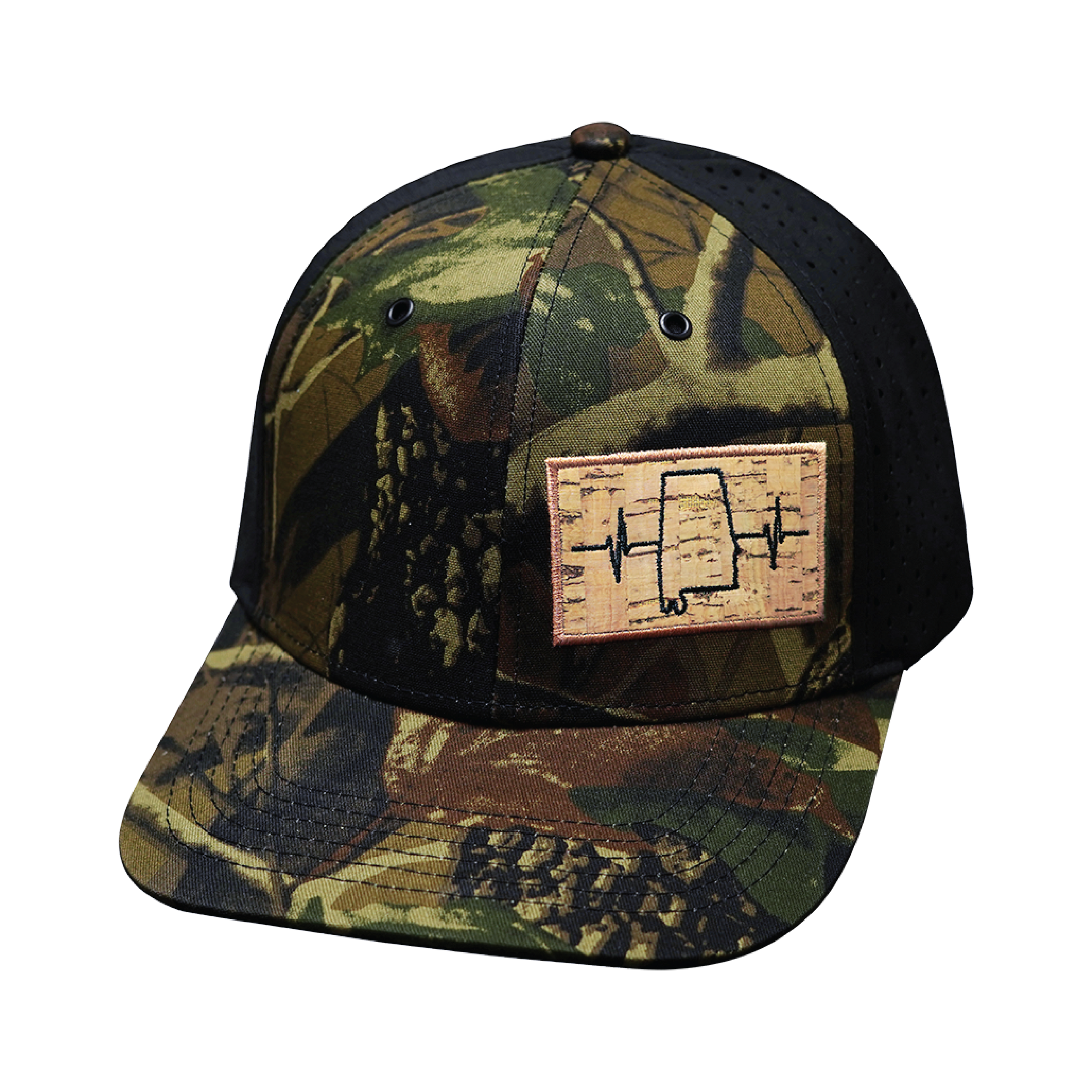 The Heartbeat Brand Alabama Hat - Baseball Hat Fit - Tan Tree Camo / Black - Laser Mesh — back view