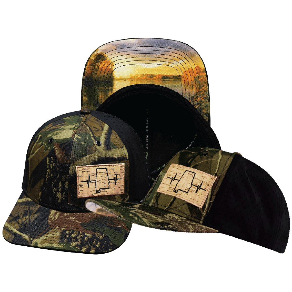 The Heartbeat Brand Alabama Hat - Baseball Hat Fit - Tan Tree Camo / Black - Laser Mesh — main product shot