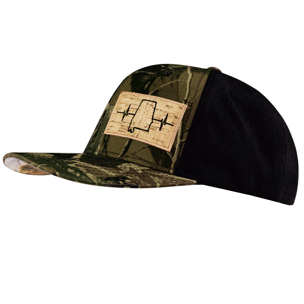 The Heartbeat Brand Alabama Hat - Baseball Hat Fit - Tan Tree Camo / Black - Laser Mesh — side view