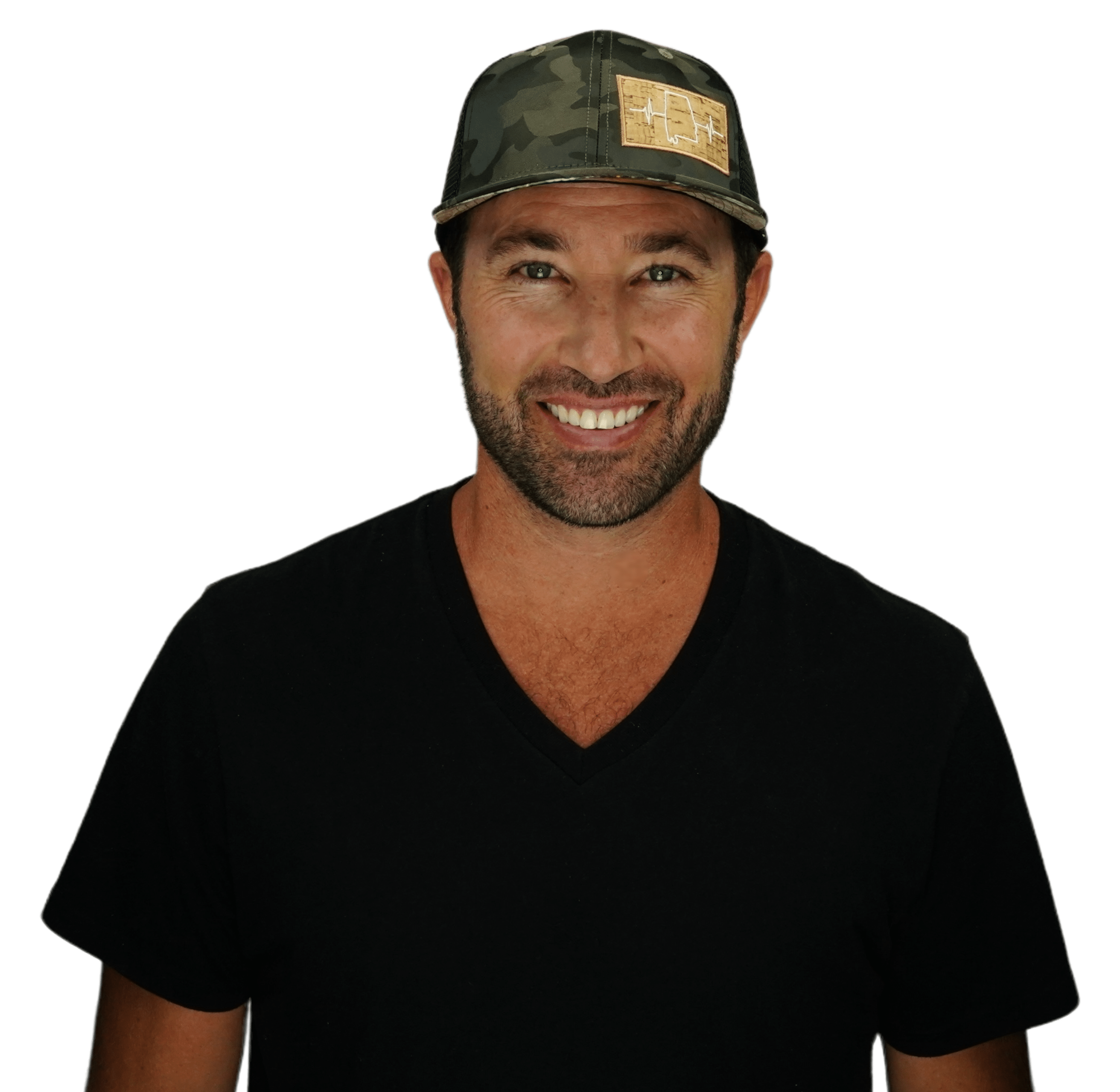 The Heartbeat Brand Alabama Hat - Baseball Hat Fit - Tan Camo / Black - Trucker Mesh — detail close-up
