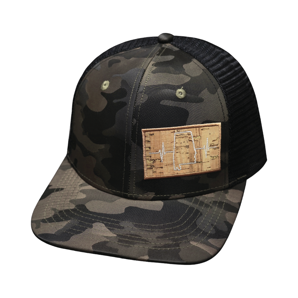 The Heartbeat Brand Alabama Hat - Baseball Hat Fit - Tan Camo / Black - Trucker Mesh — back view