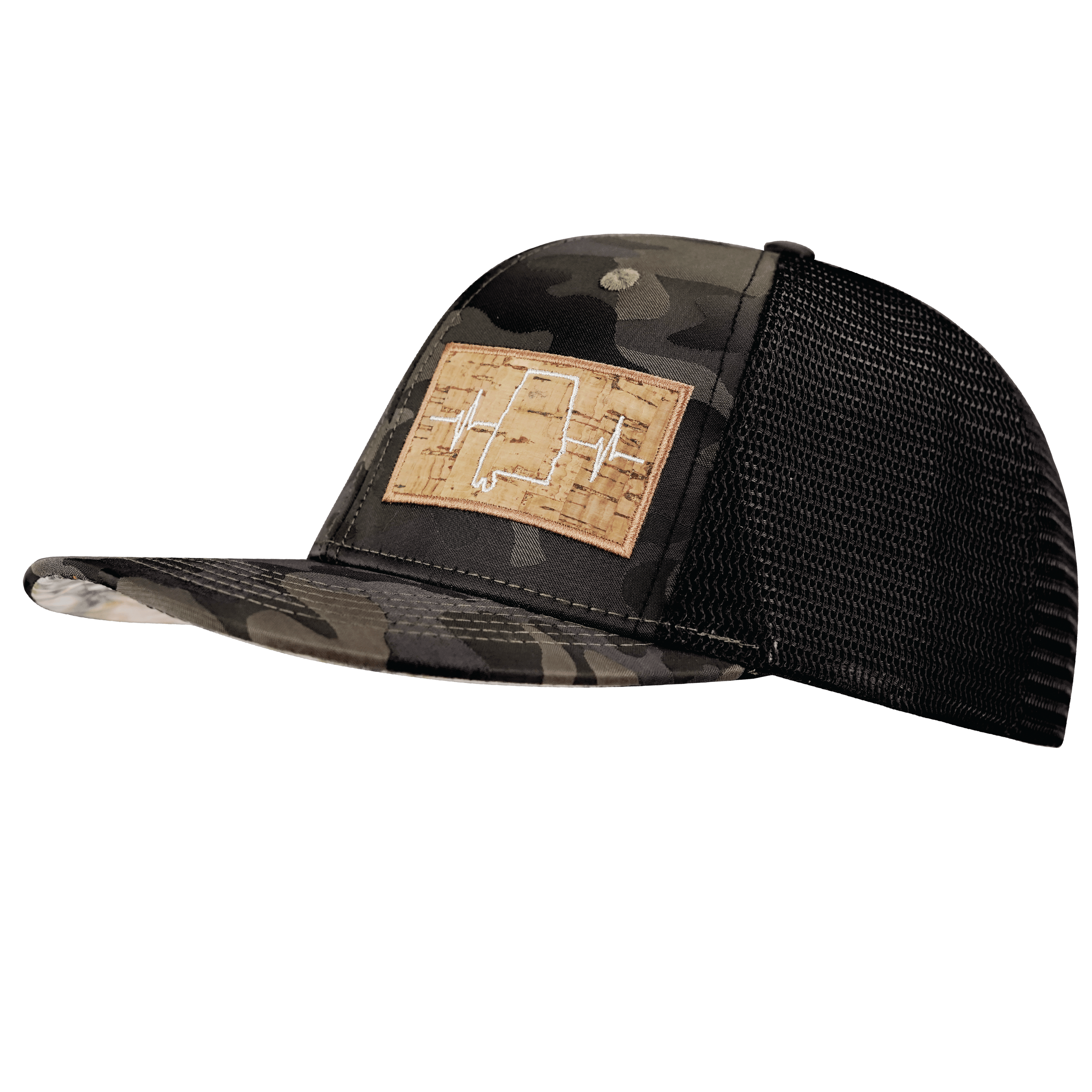 The Heartbeat Brand Alabama Hat - Baseball Hat Fit - Tan Camo / Black - Trucker Mesh — side view
