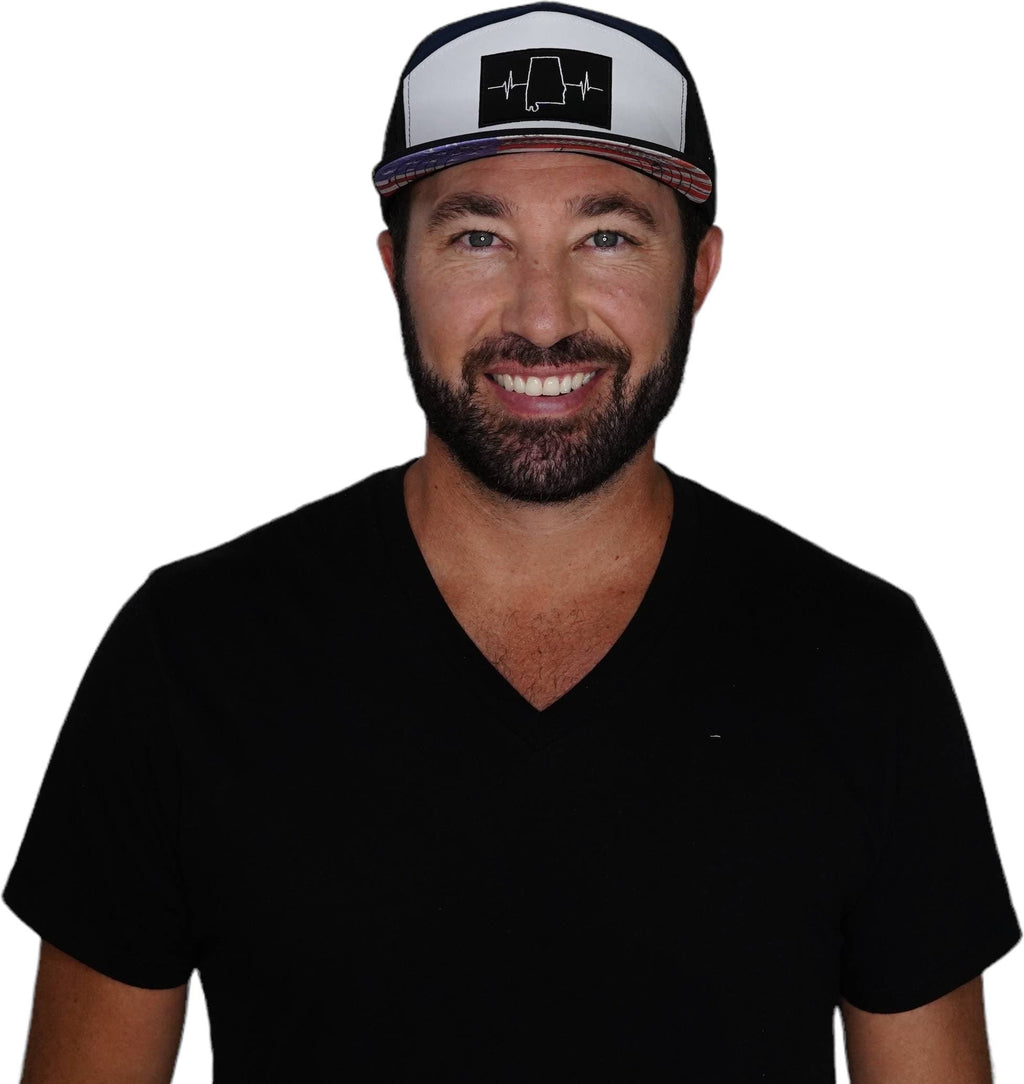 The Heartbeat Brand Alabama Hat - Flat Bill - Black / White / Navy - Laser Mesh — detail close-up