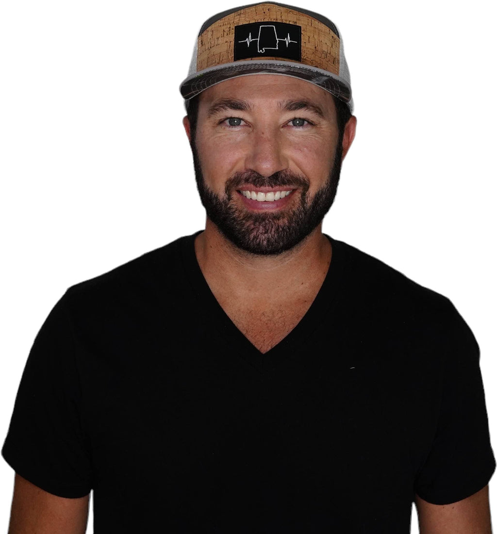 The Heartbeat Brand Alabama Hat - Flat Bill - Cork - Gray / Charcoal - Jersey Mesh — detail close-up