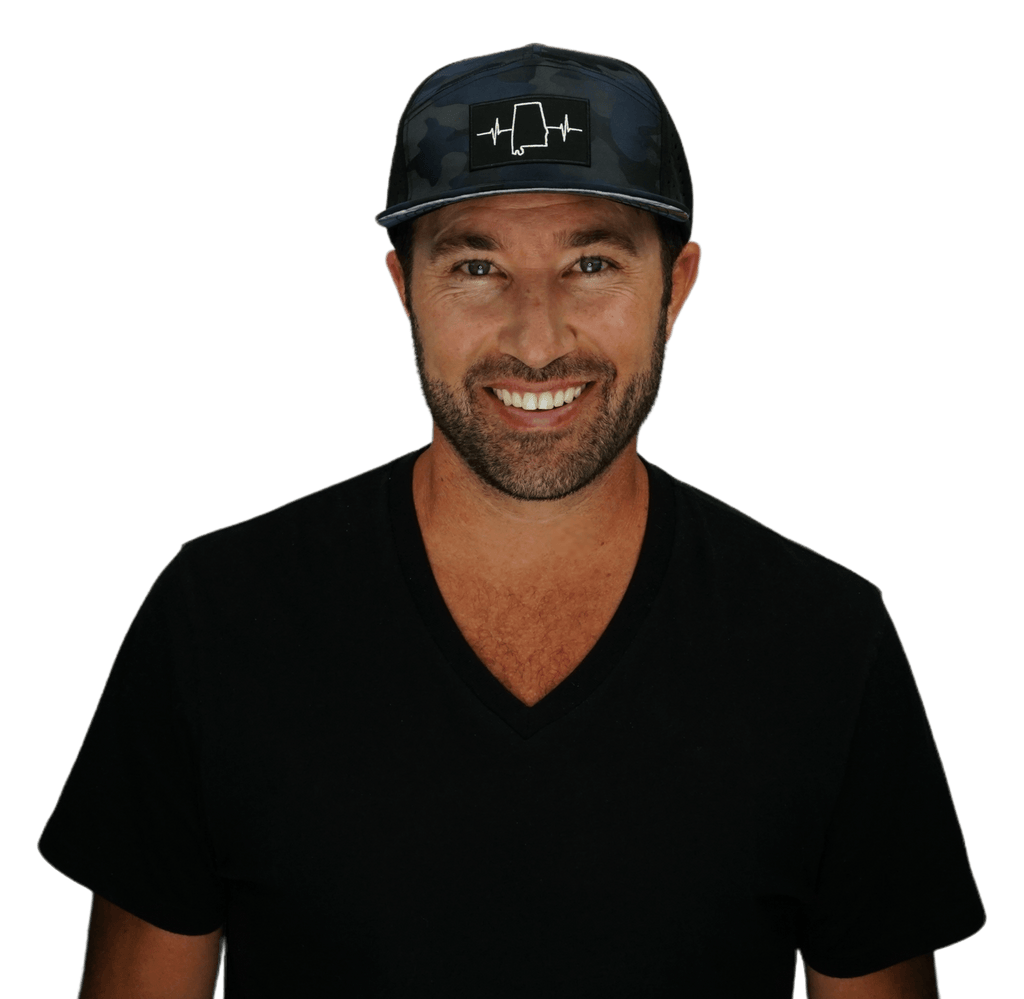 The Heartbeat Brand Alabama Hat - Flat Bill - Navy Camo / Black - Laser Mesh — detail close-up