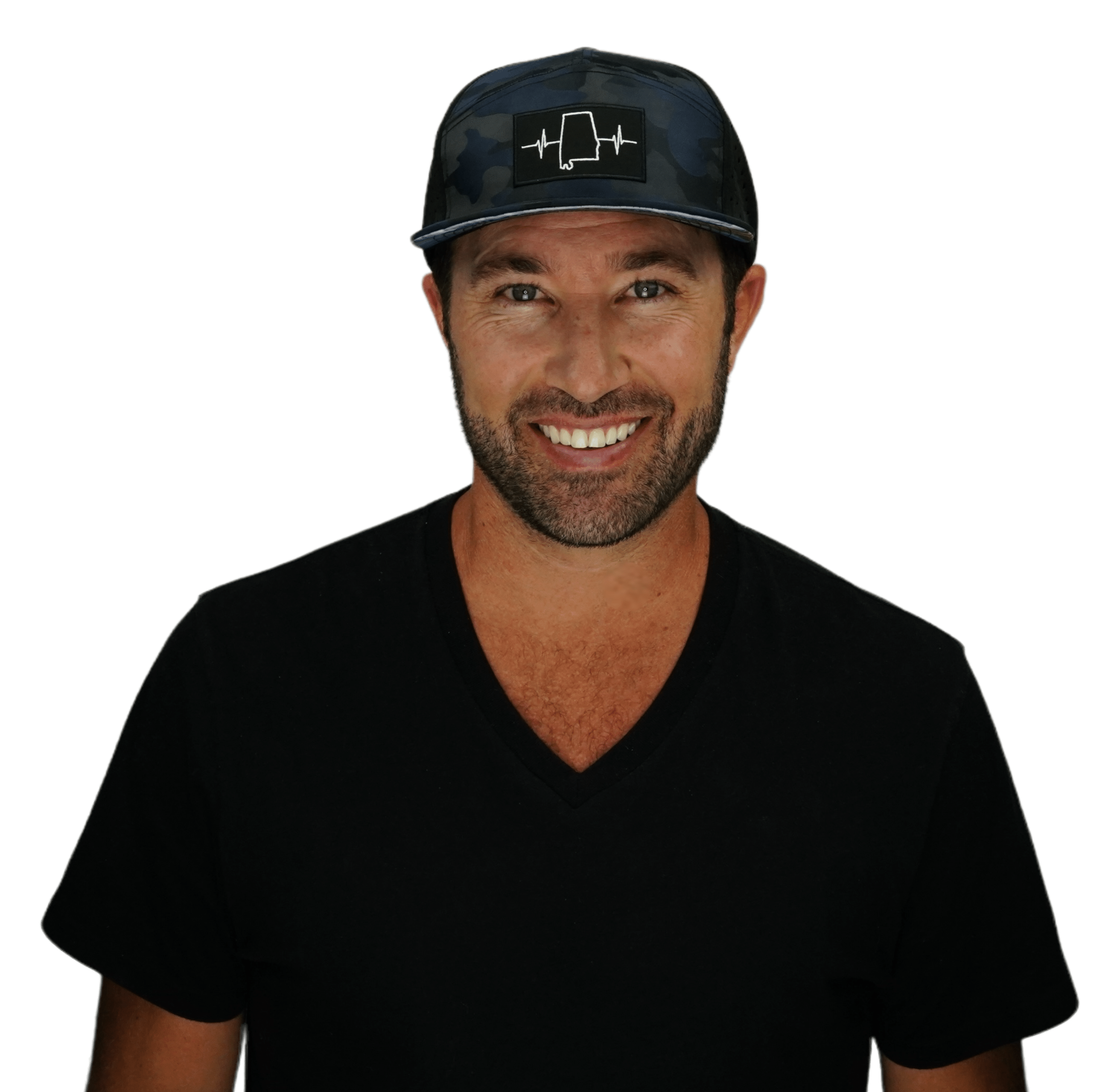 The Heartbeat Brand Alabama Hat - Flat Bill - Navy Camo / Black - Laser Mesh — detail close-up