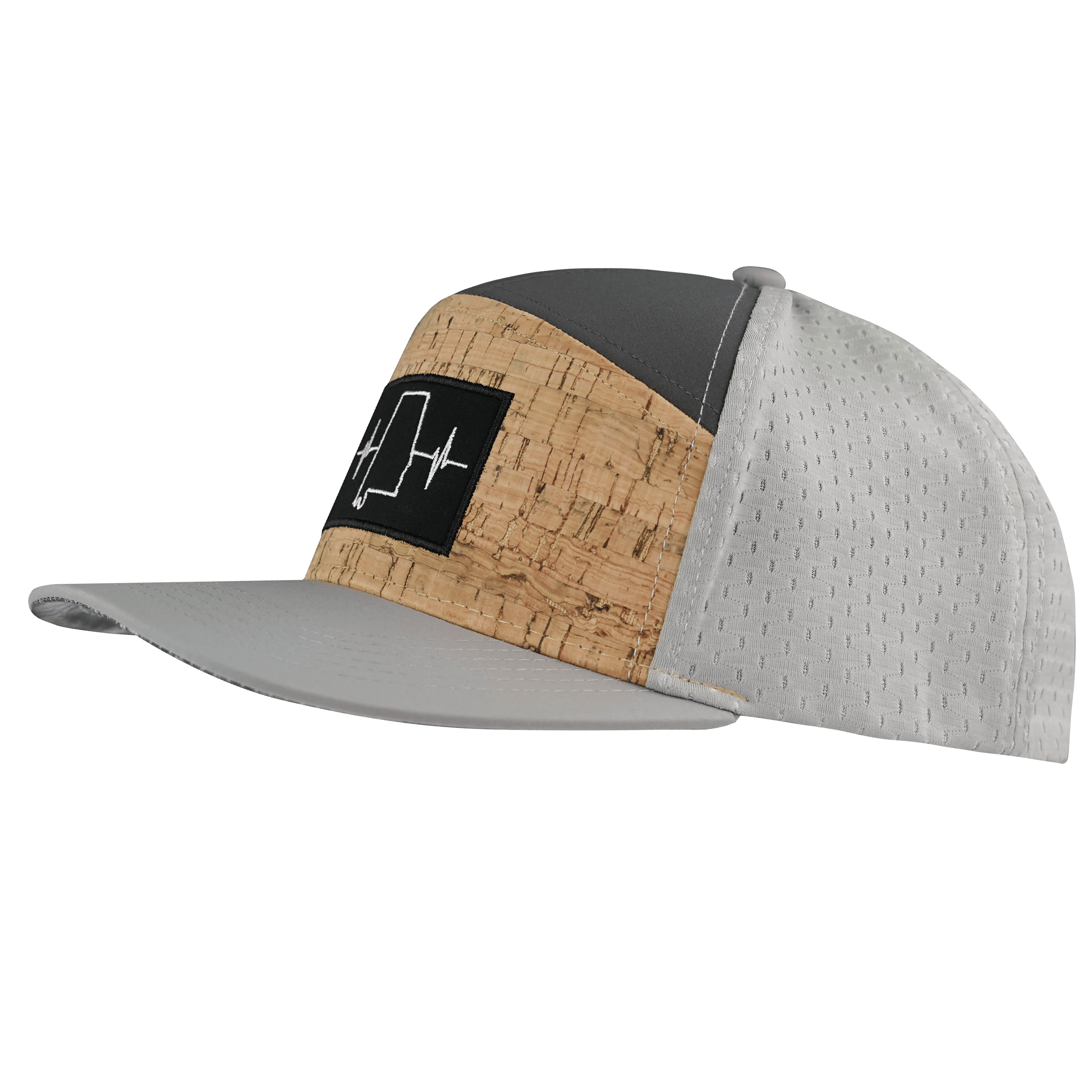 The Heartbeat Brand Alabama Hat - Flat Bill - Cork - Gray / Charcoal - Jersey Mesh — side view