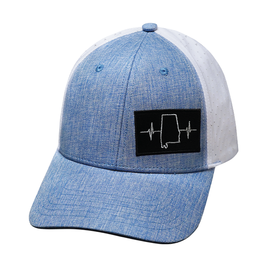 The Heartbeat Brand Alabama Hat - Low Profile - Ponytail - Light Blue / White - Laser Mesh — size reference