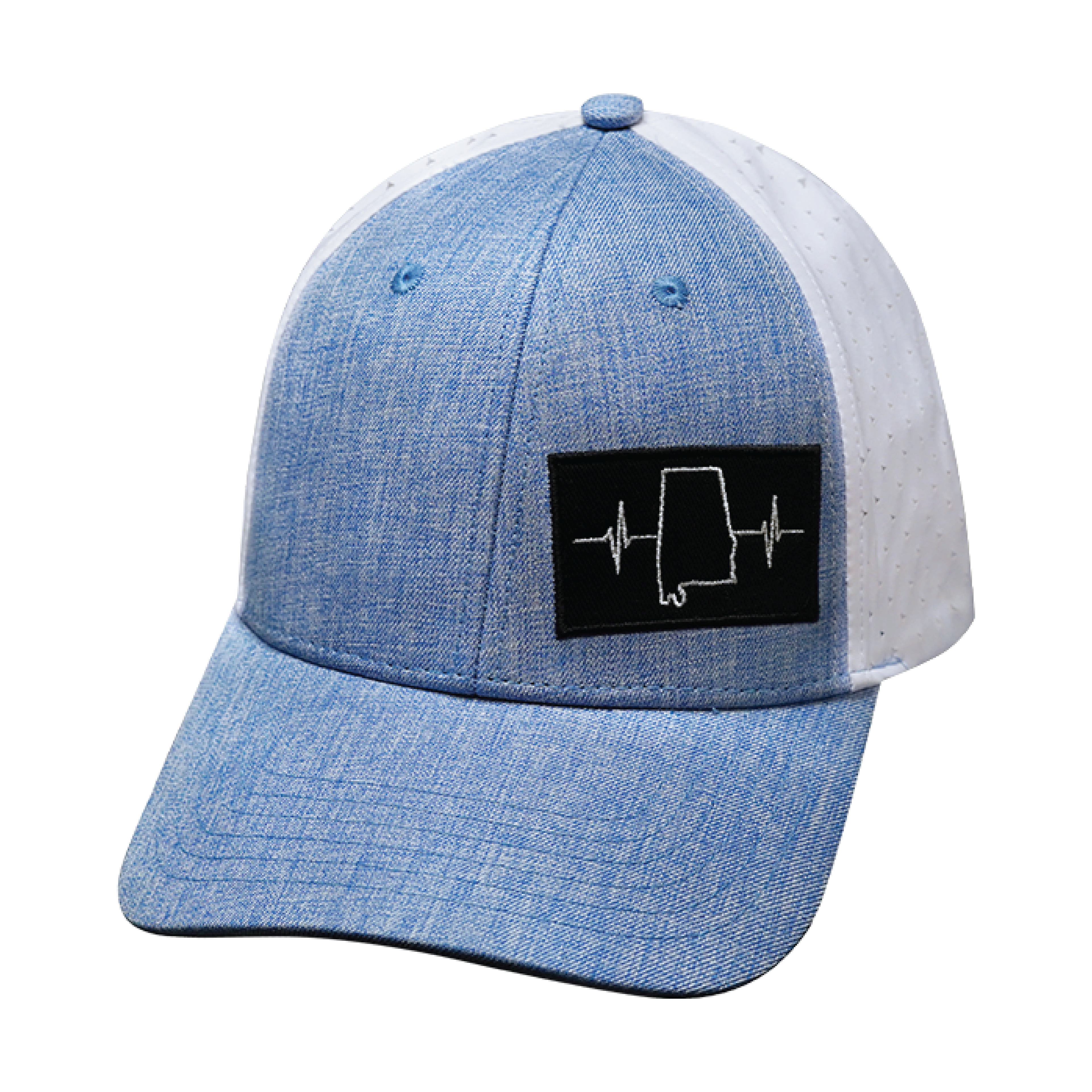 The Heartbeat Brand Alabama Hat - Low Profile - Ponytail - Light Blue / White - Laser Mesh — size reference