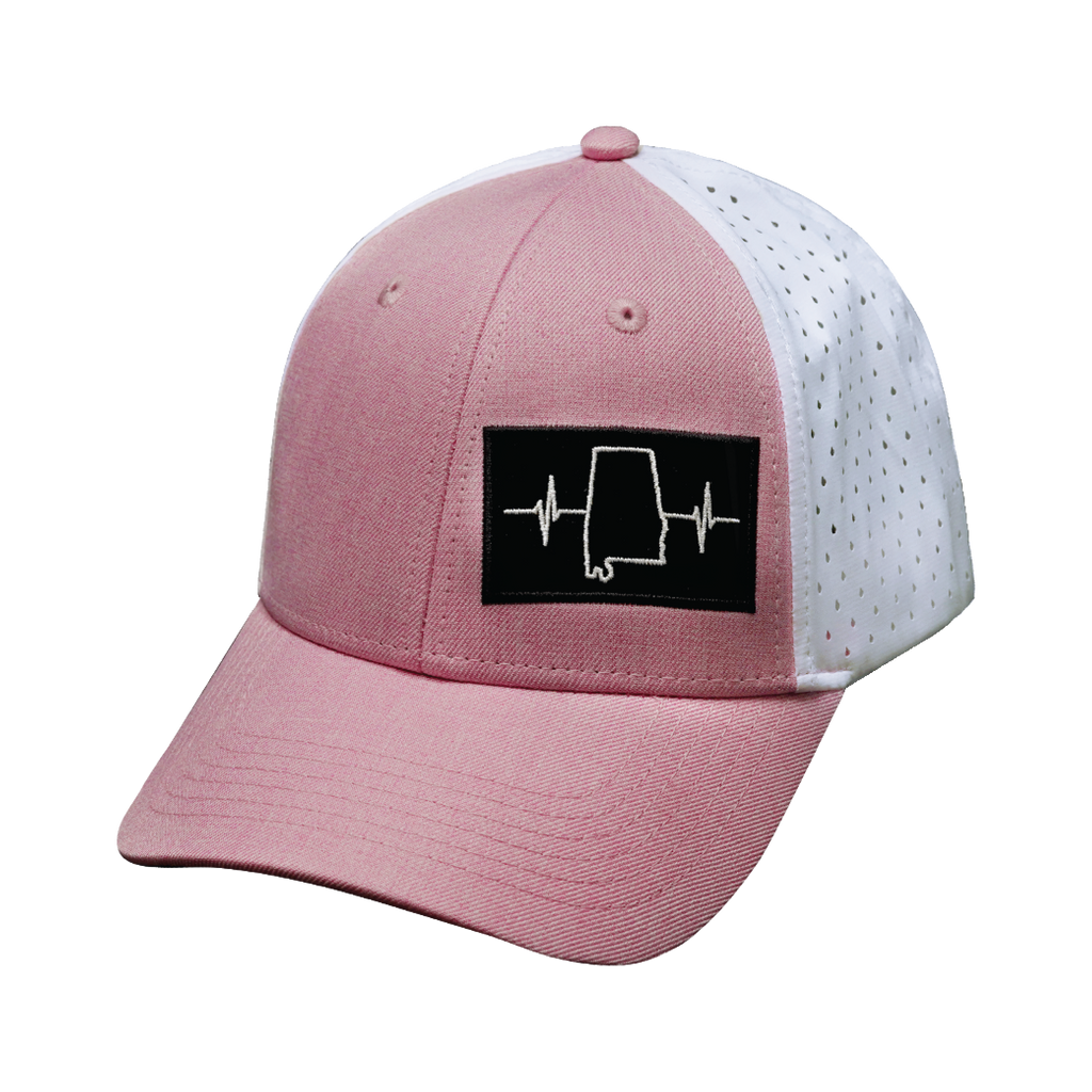 The Heartbeat Brand Alabama Hat - Low Profile - Ponytail - Pink / White - Laser Mesh — in-use photo