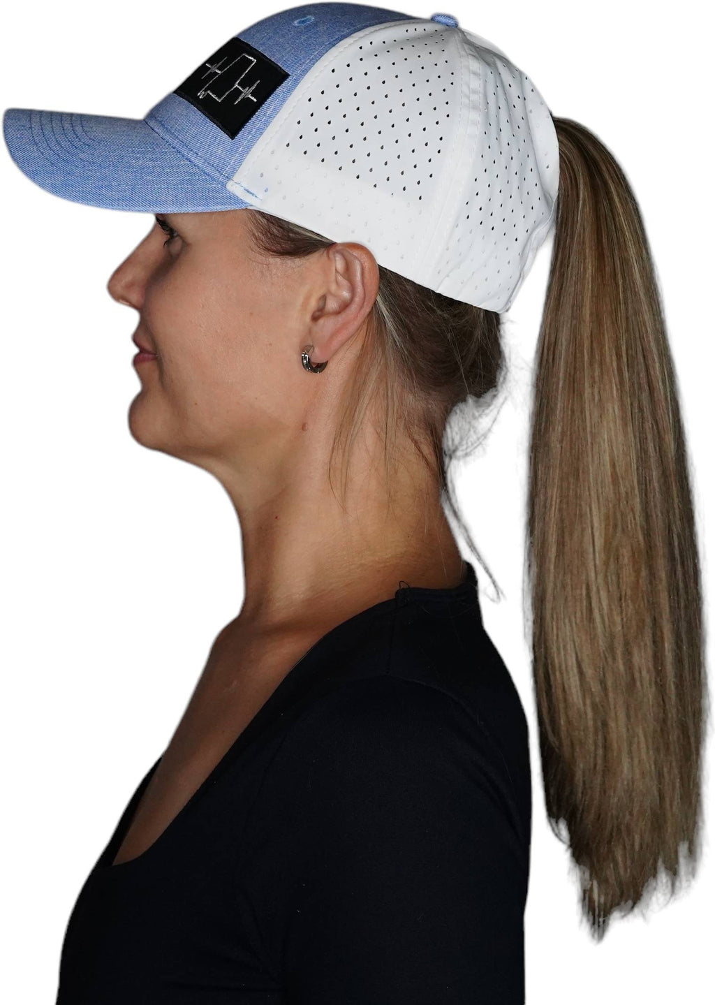 The Heartbeat Brand Alabama Hat - Low Profile - Ponytail - Light Blue / White - Laser Mesh — lifestyle context