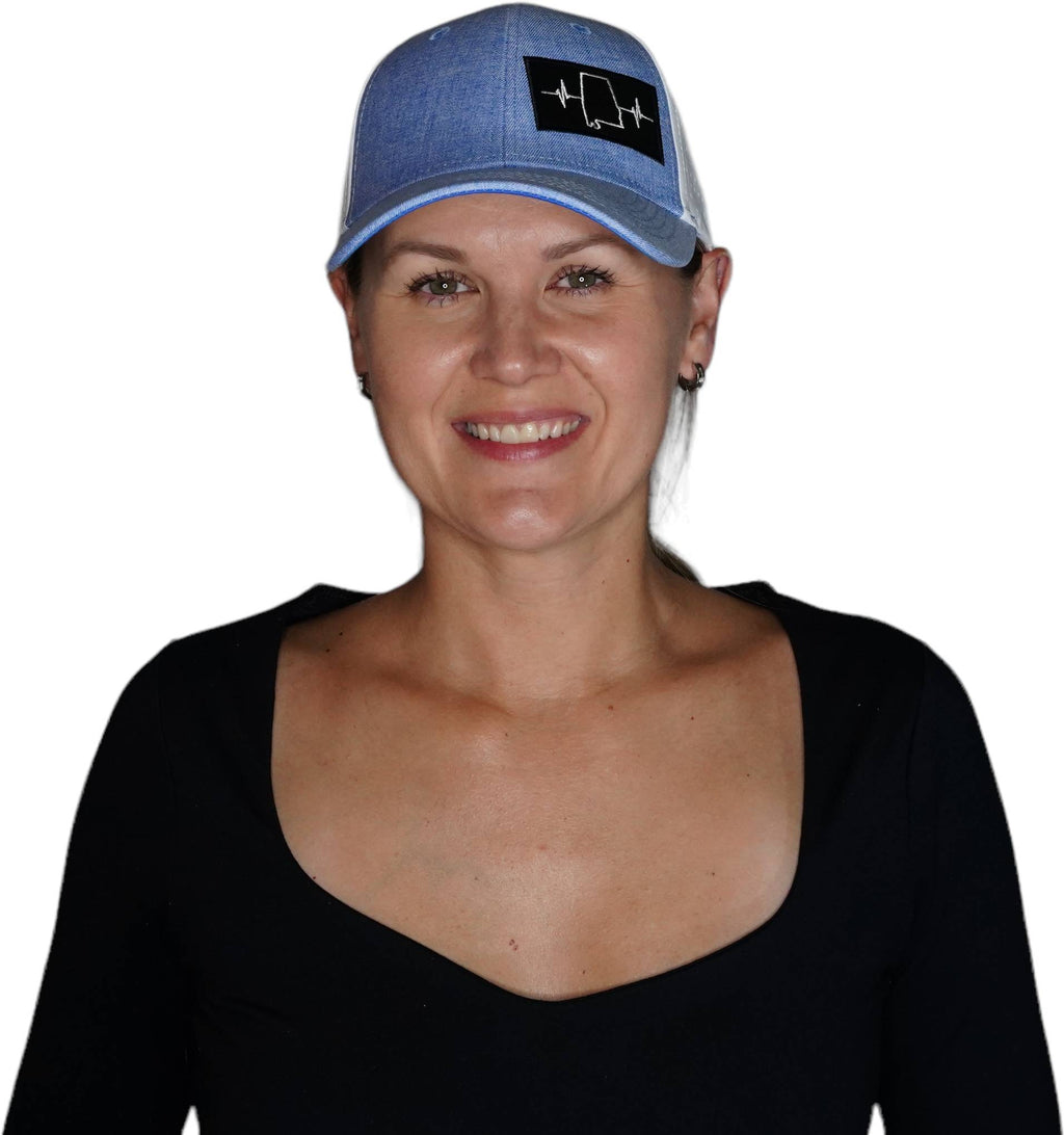 The Heartbeat Brand Alabama Hat - Low Profile - Ponytail - Light Blue / White - Laser Mesh — detail close-up